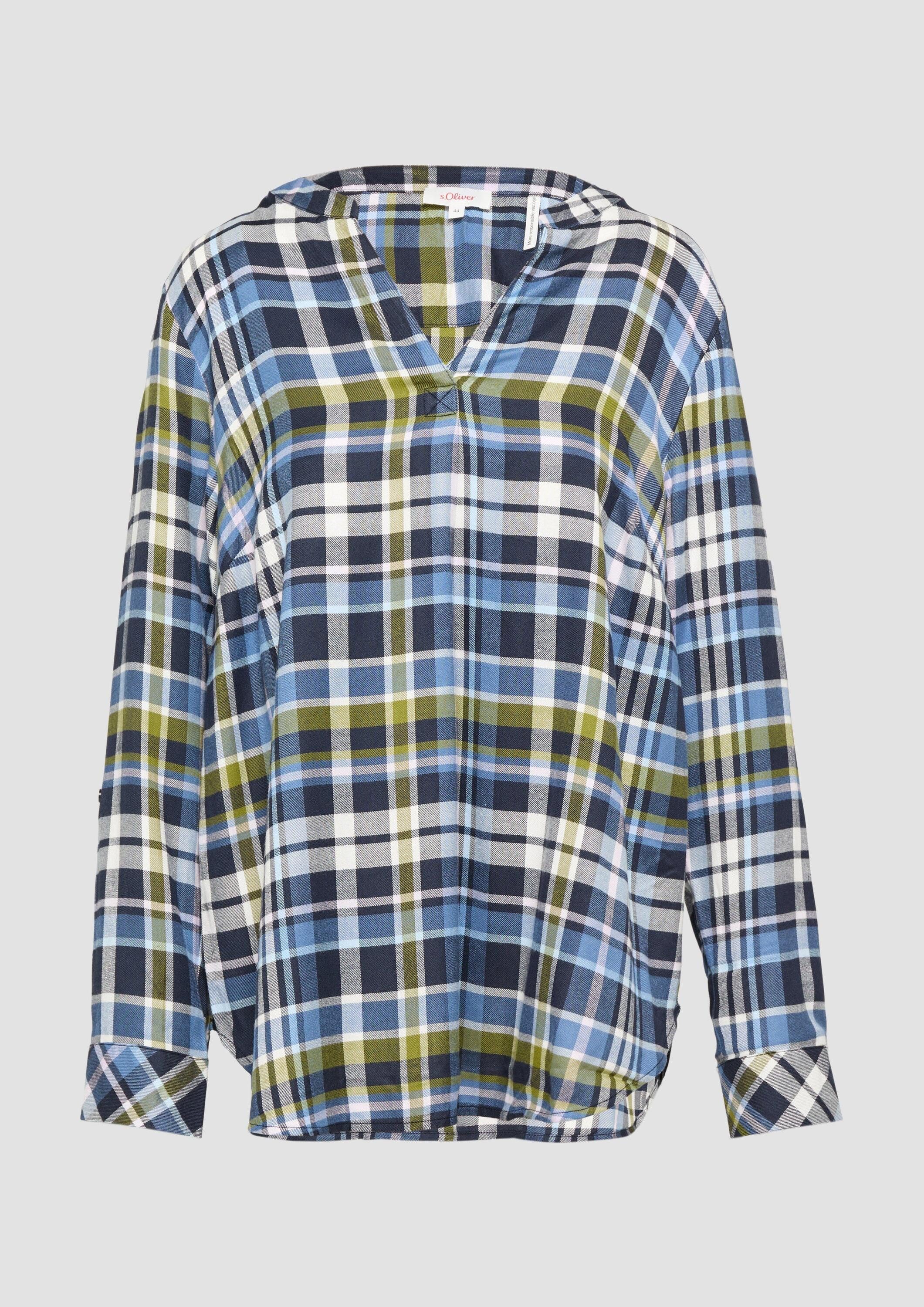s.Oliver Langarmbluse Bluse Karierte Bluse aus Viskosemix und Krempel-Detail