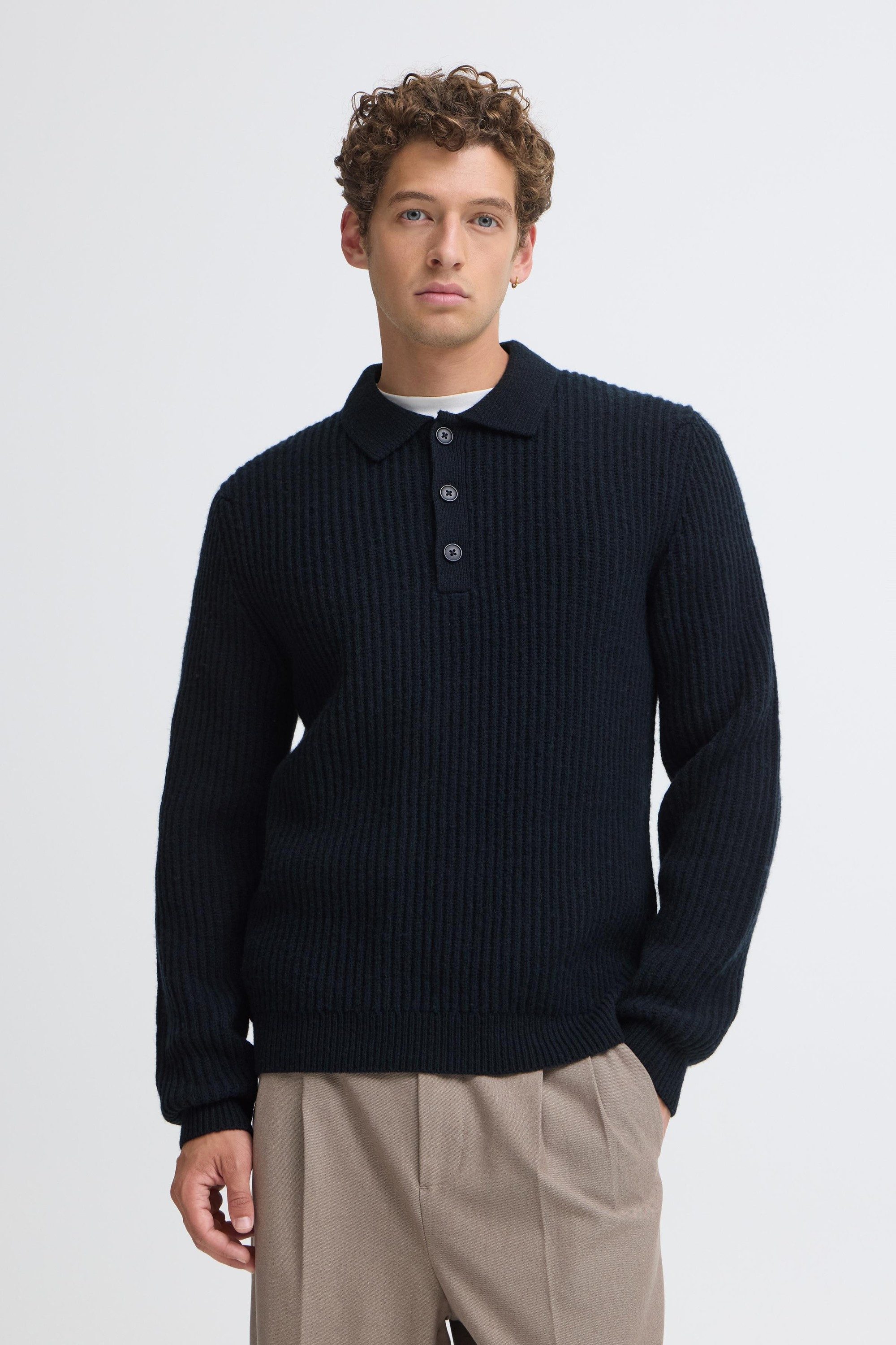 Casual Friday Strickpullover CFAlbret Gestrickter Pullover mit kurzer Knopfleiste und Kragen