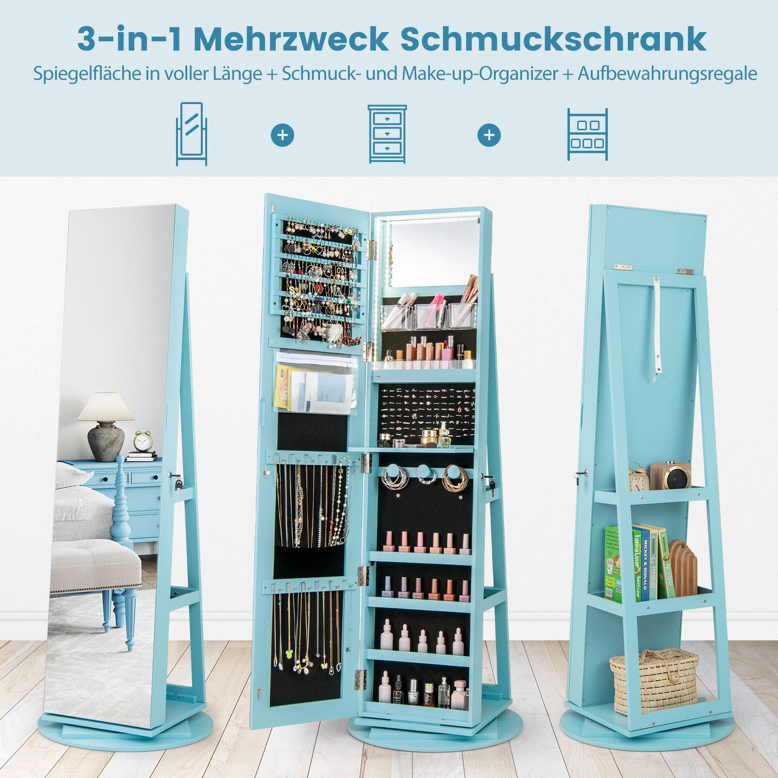 COSTWAY Schmuckschrank mit Ganzkörperspiegel & LED stehend, drehbar, abschließbar