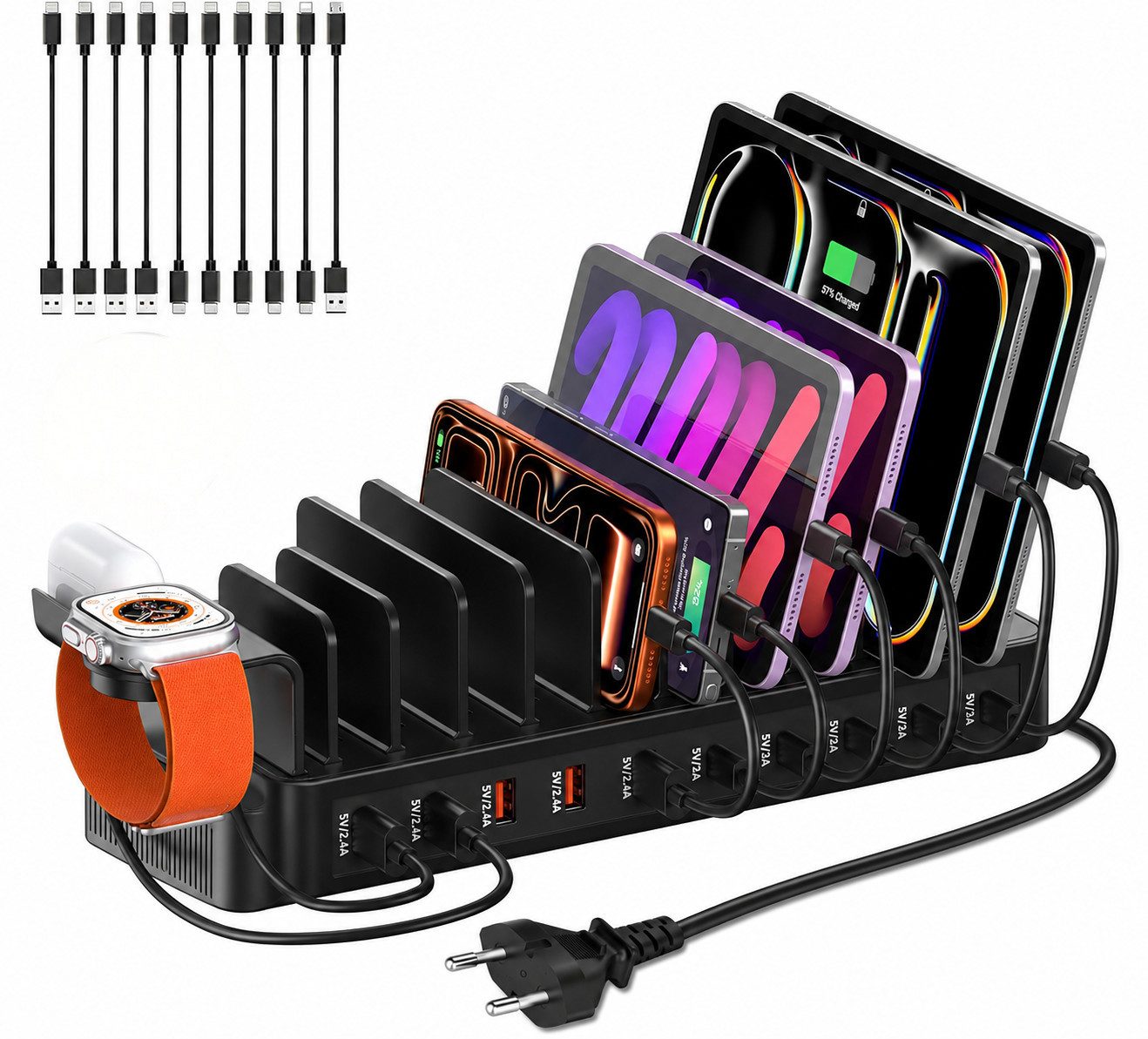 Fyrove 100W Multi-Geräte Ladestation mit 10 Anschlüssen Ladestation (USB-C & USB-A Ladehub inkl. 10 Kabeln, Verstellbare Halterung für Smartphones, Tablets, Smartwatch und Zubehör)