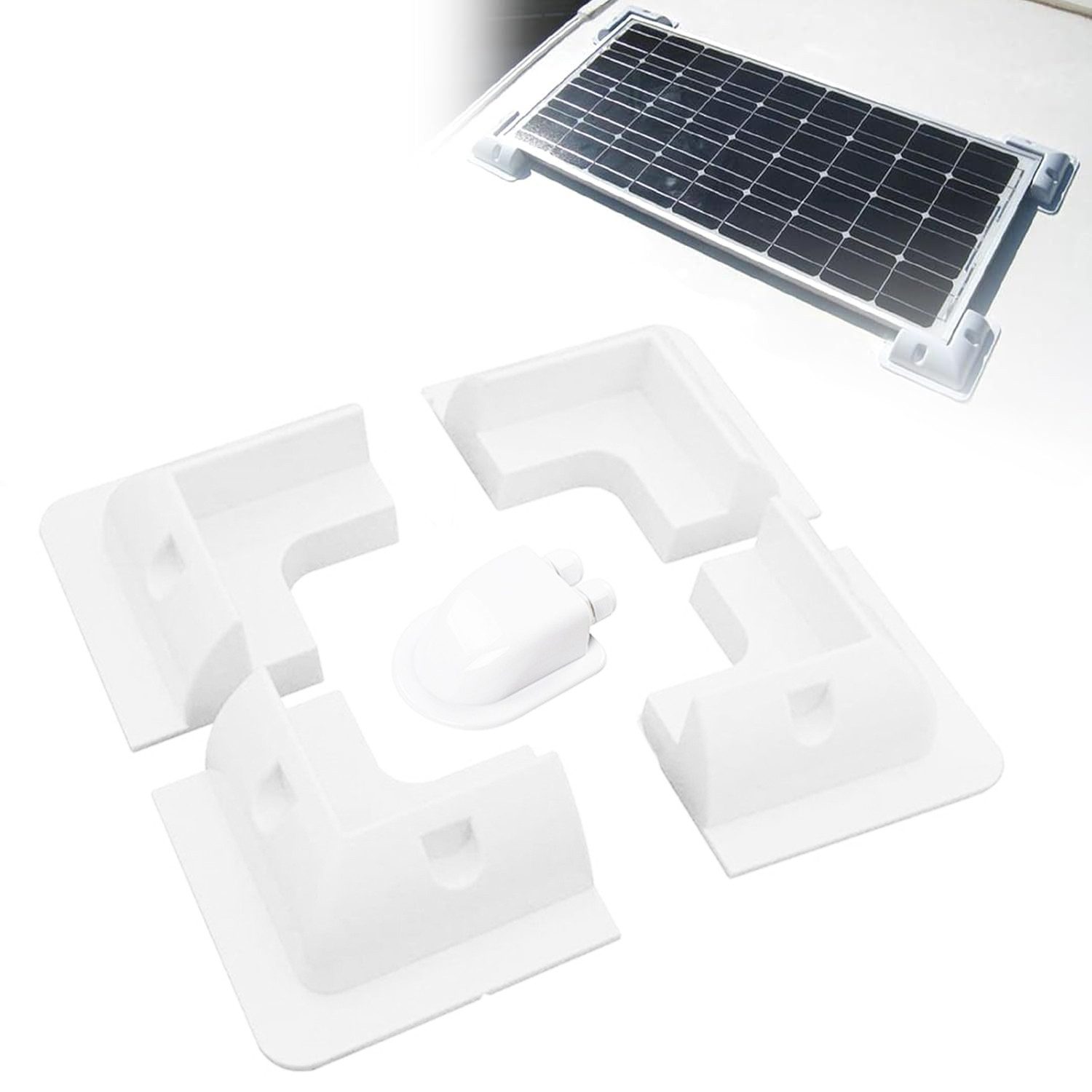 Rhein Beleuchtung Solarmodul Solarpanel Montageset, 5-tlg, (Set, 5-St., Für Wohnmobil, Dach, Boot & Camping), Bohrfrei & Mit Kabeldurchführung, Aus UV-beständigem ABS (Weiß)