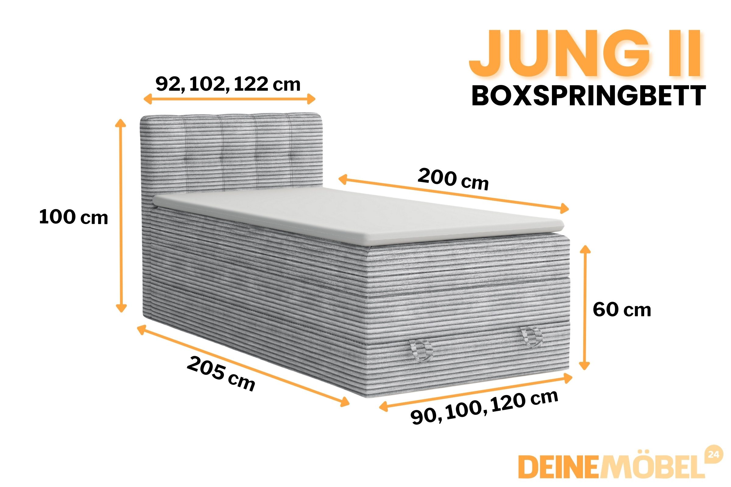 Deine Möbel 24 Boxspringbett JUNG 2 Polsterbett Komplettbett Hotelbett Cord-Stoff inkl. Topper (für Jugendliche Jugendbett Cord Beige Creme Grau Schwarz Anthrazit, 3-St., Bonellfederkernmatratze H3 Taschenfederkernmatratze H4), 90x200 100x200 120 cm Einzelbett Boxspring Hotelbett Veloursstoff