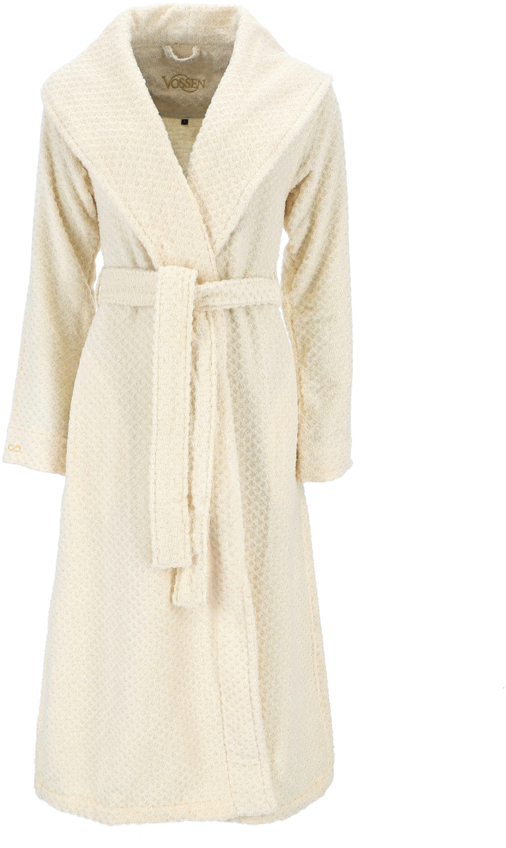 Vossen Damenbademantel Golden Century, Langform, Webfrottier, Schalkragen, Gürtel, feine goldene Details