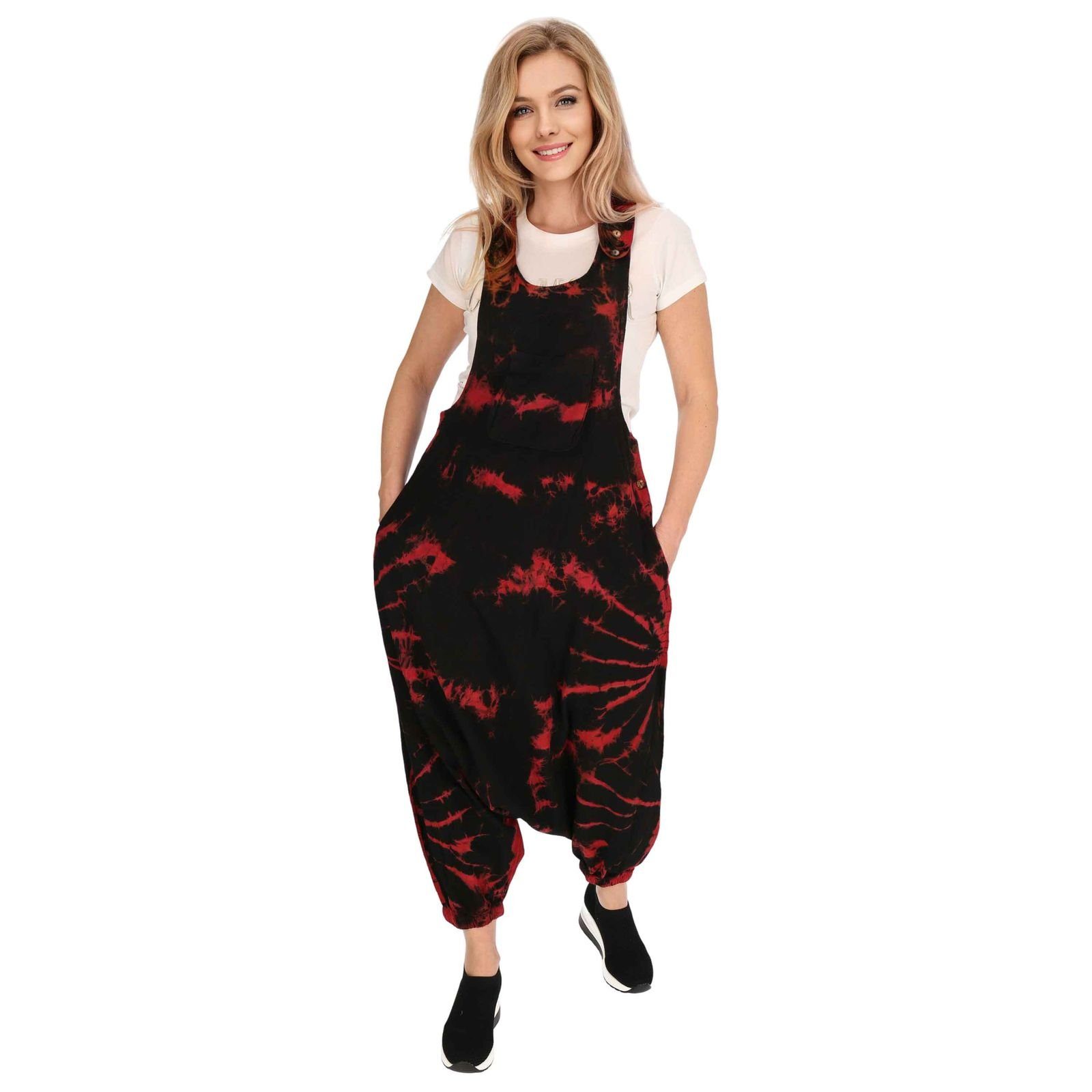 KUNST UND MAGIE Latzhose Tie Jumpsuit Boho Batik Psy Latzhose 70er Schwarz Dye Bunt Rot Hose / Haremshose