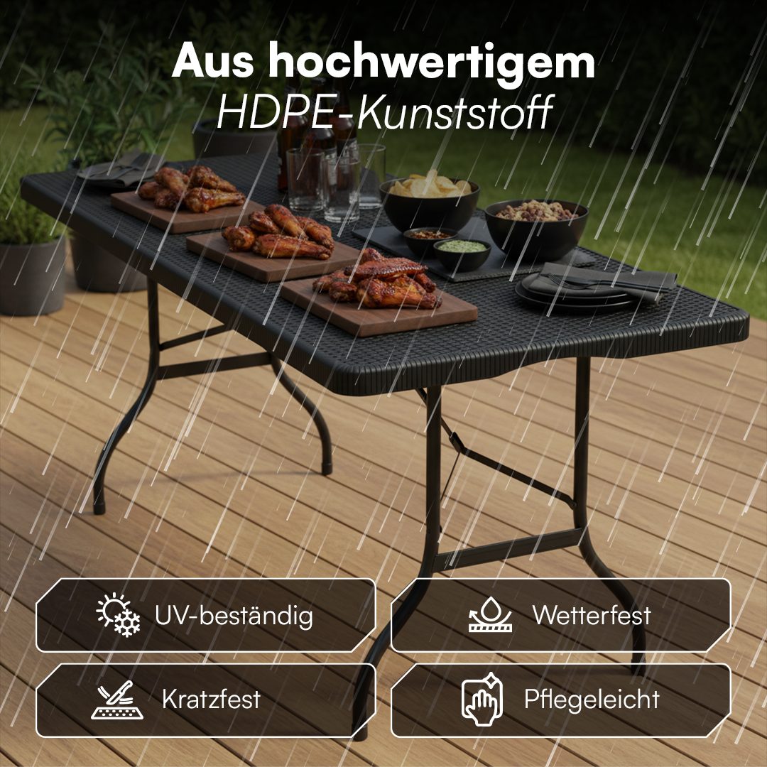 STEELSØN Bierzeltgarnitur Zennar klappbar & wetterfest, (schwarz, Buffettisch Rattanoptik), Gartentisch 180x70 cm, Klapptisch für 8 Personen