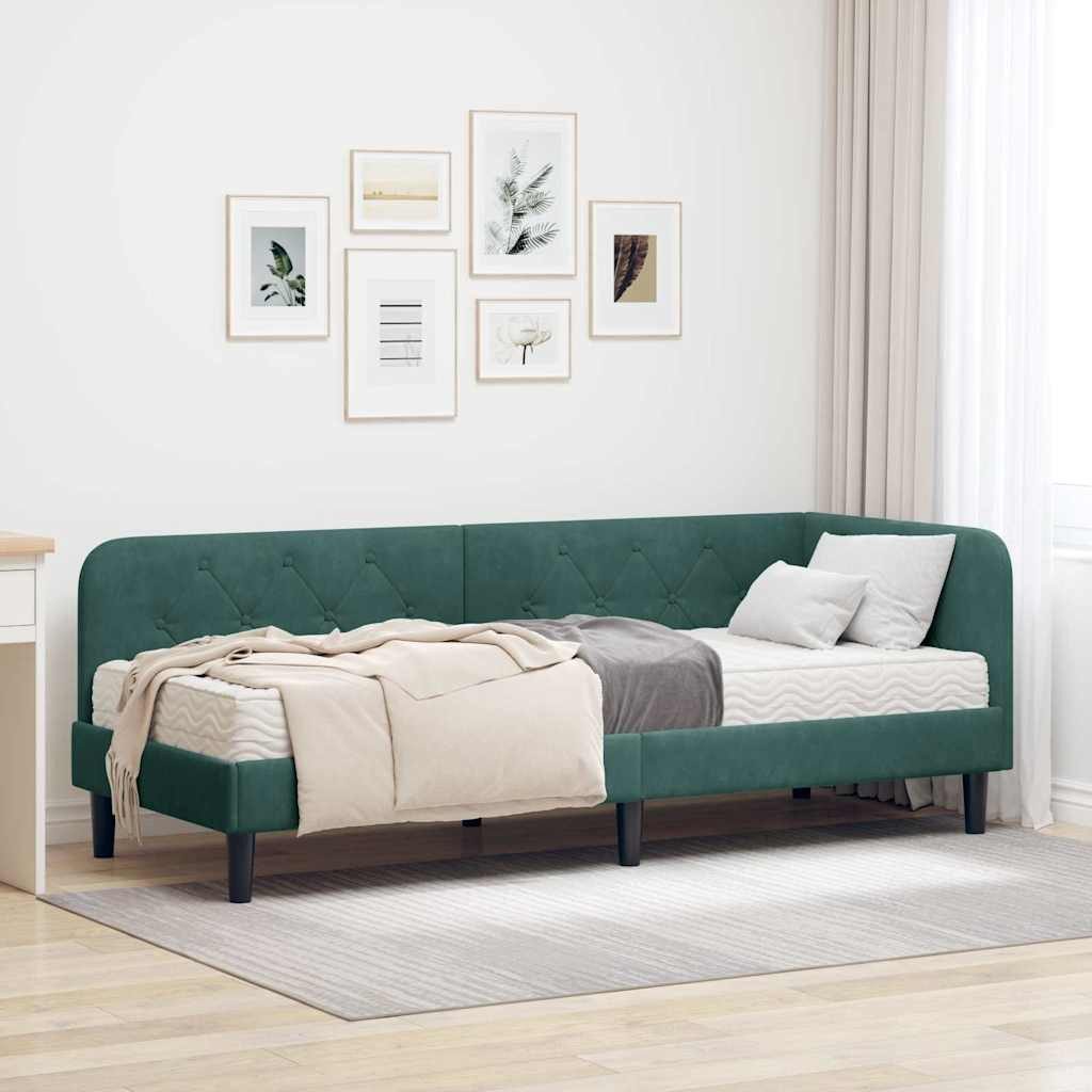furnicato Daybed Eckbettgestell 80 x 200 cm Dunkelgrün, Inklusive Matratze Tagestbett mit umkehrbarem Kopfteil für Gästezimmer