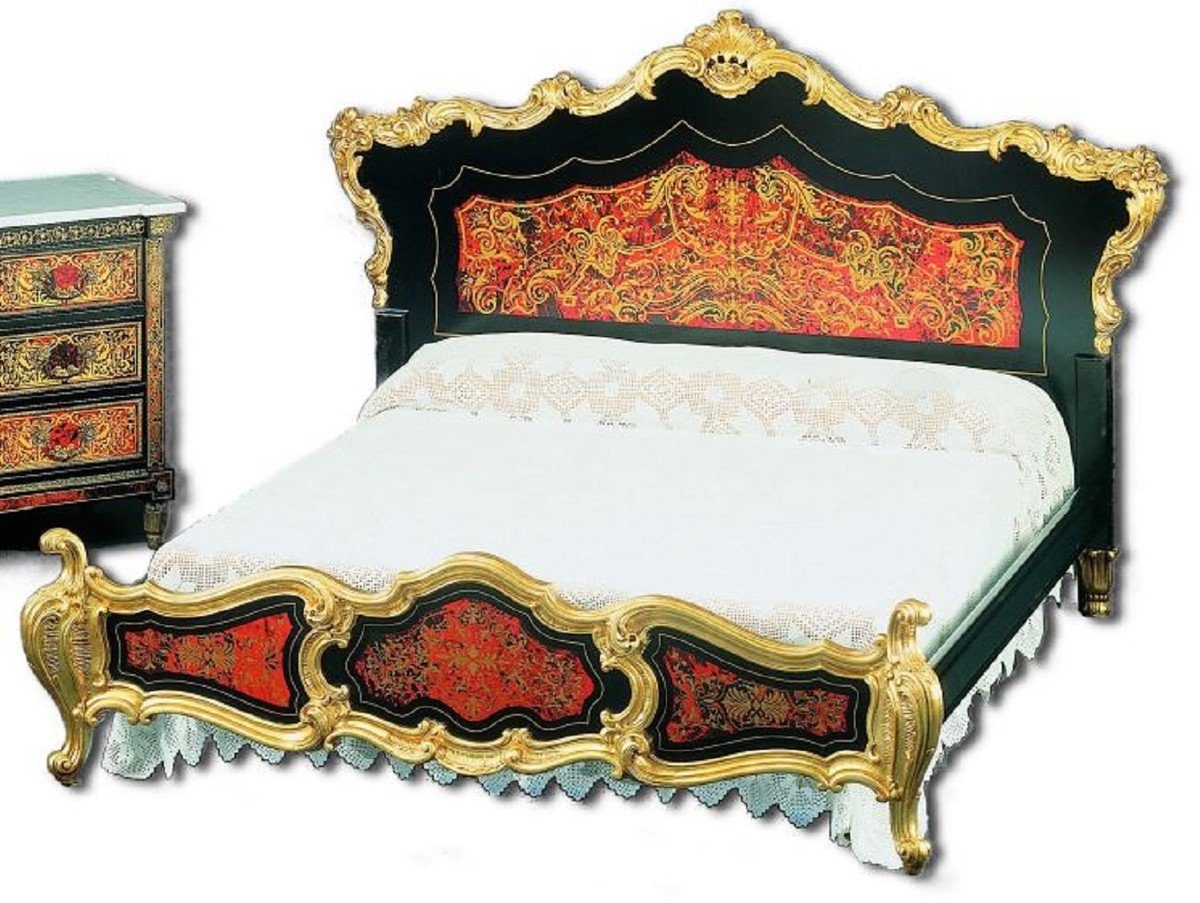 Casa Padrino Bett Boulle Doppelbett Schwarz / Rot / Gold 225 x 230 x H. 150  cm - Prunkvolles Massivholz Bett mit Kopfteil - Edle Schlafzimmer Möbel