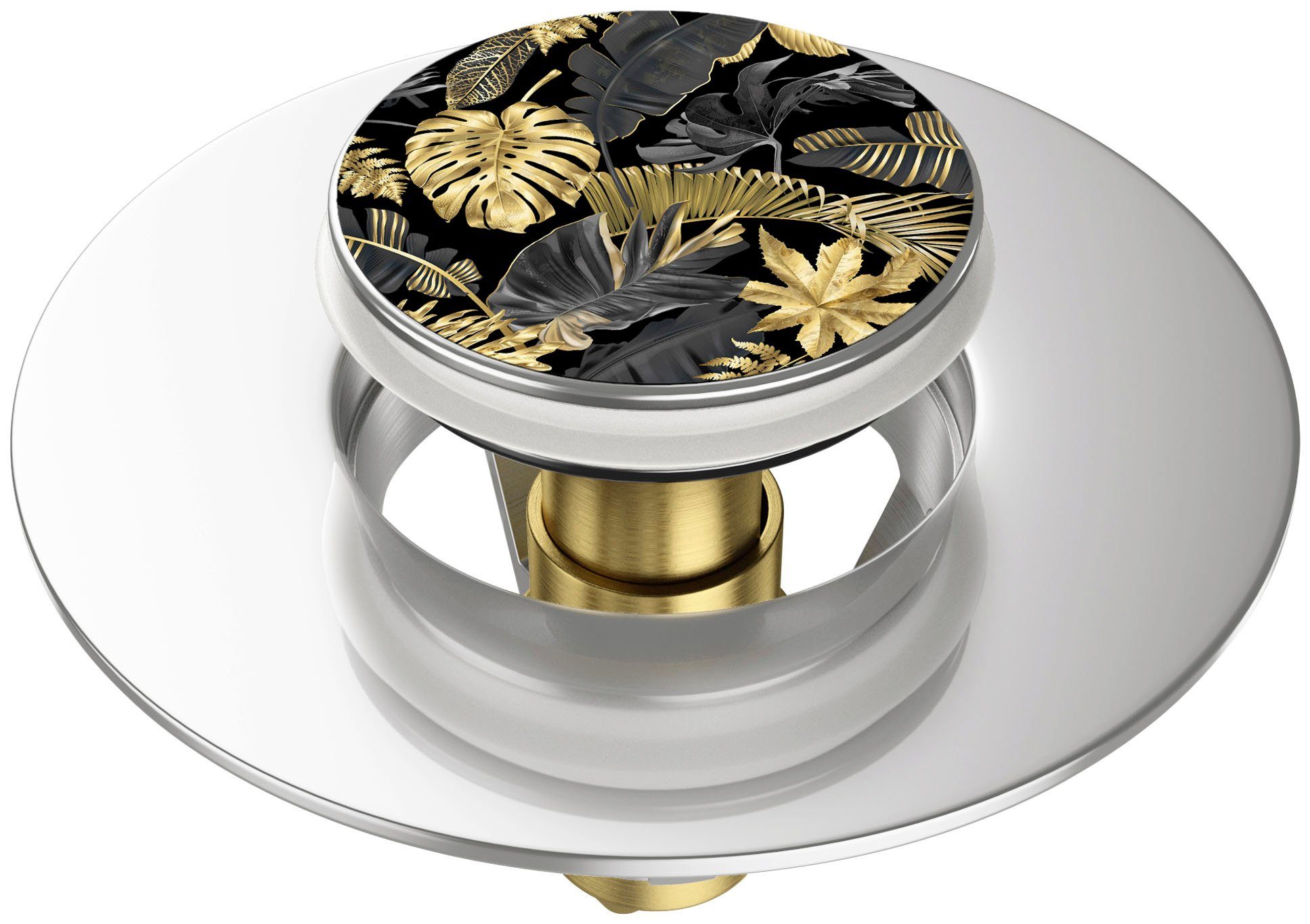 Sanilo Waschbeckenstöpsel Pop-Up Golden Leaves, Ø 6,2 cm, 100% wasserdicht, kräftige Farben, hochwertig