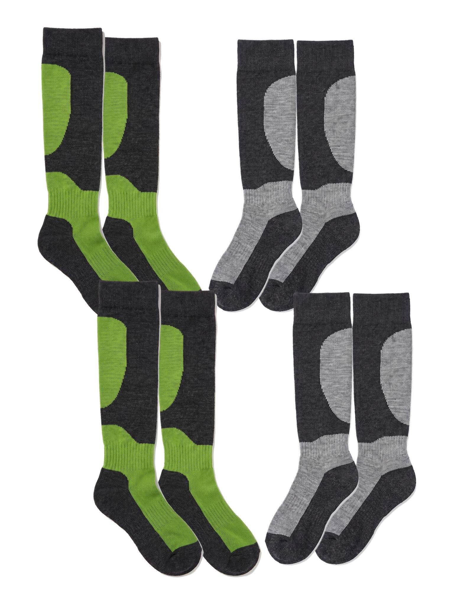 Black Snake Skisocken für Kinder mit Wolle als lange Skistrümpfe für Jungen und Mädchen (Socken-Set, 4-Paar, Grau-Grün 31/34) Breites weiches Bündchen und Rippstruktur an Rist und Knöchel mit Halt