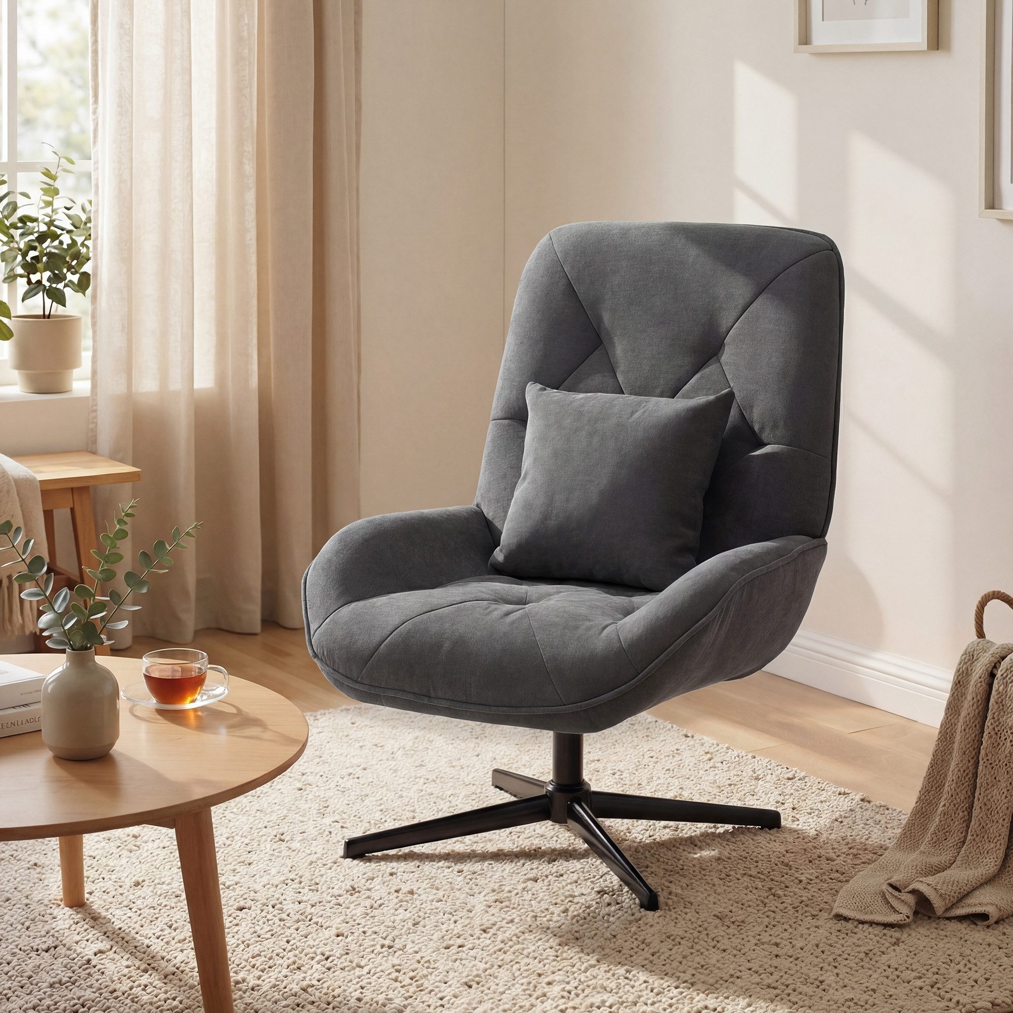 REDOM Relaxsessel Akzentstuhl drehbar Chenille Polstersessel dunkelgrau 72 x 92 x 96 cm (1-St., Lounge Stuhl, moderner Drehstuhl für Wohn- und Relaxbereich), Sessel mit Lendenkissen und hoher Rückenlehne für Wohnzimmer & Büro