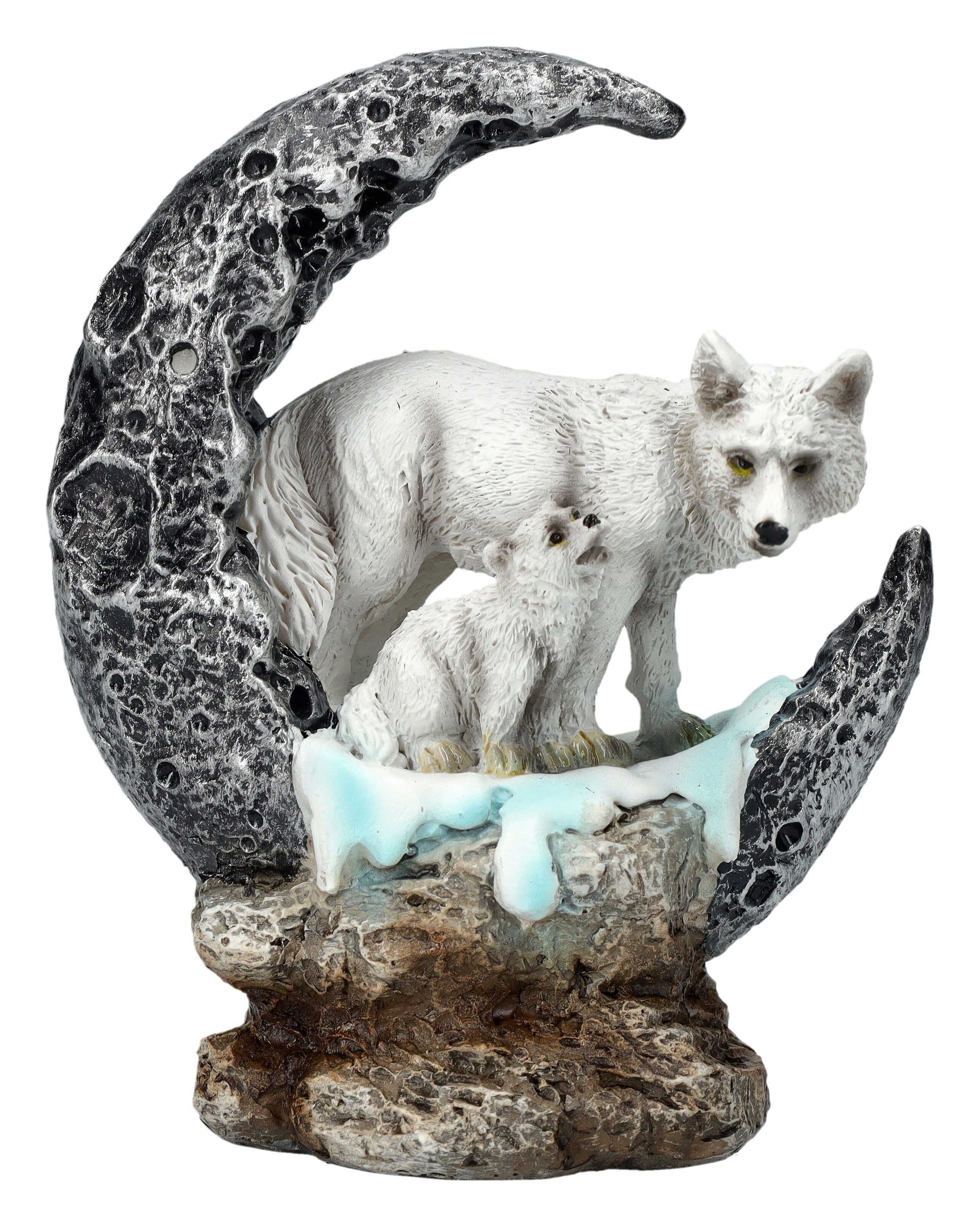 Figuren Shop GmbH Tierfigur Wolf Figur – Mutter mit Jungtier auf Eismond Statue Fantasy 12 cm Deko