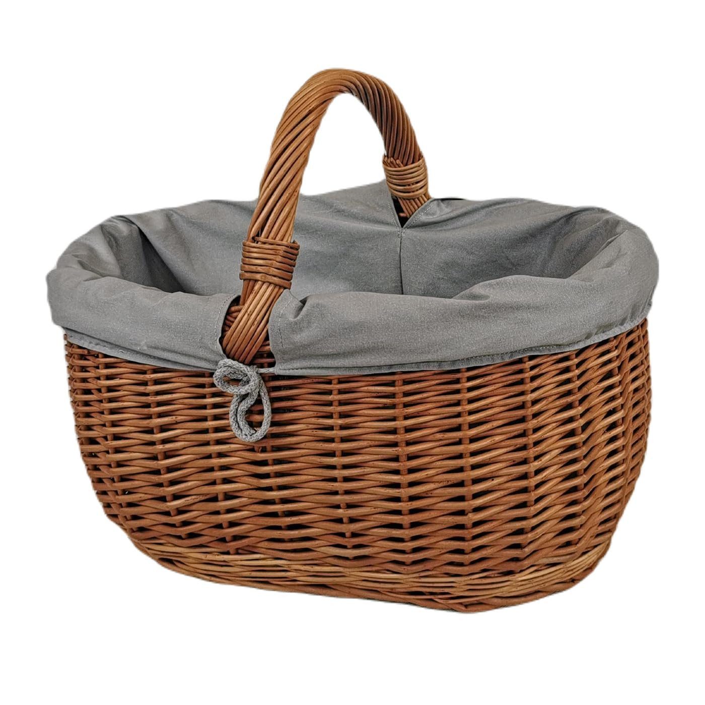 natuleo by pokuc Flaschenkorb Großer Einkaufskorb aus Weide oval Braun mit Stoff grau 46x32x35 cm