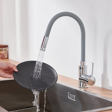 Auralum Küchenarmatur Wasserhahn Küchen mit Flexible Silikonschlauch Hochdruck Mischbatterie mit 2 Strahlarten,360° Drehbar,Grau