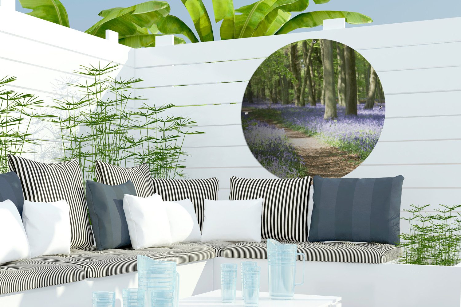 OnlyWow Poster für Garten Wald - Weg - Blumen - Lila - Grün - Natur, Gartenposter, Outdoor Bilder, Wetterfest, Garten Deko, 60x60 cm