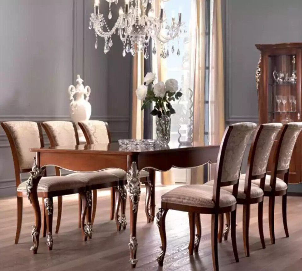 JVmoebel Esszimmer-Set Braun Esszimmer Set Polsterstuhl + 6x Neu, Stuhl Luxus Holz (7-St., Stühle Stühle), Italy Made in Esstisch 6х