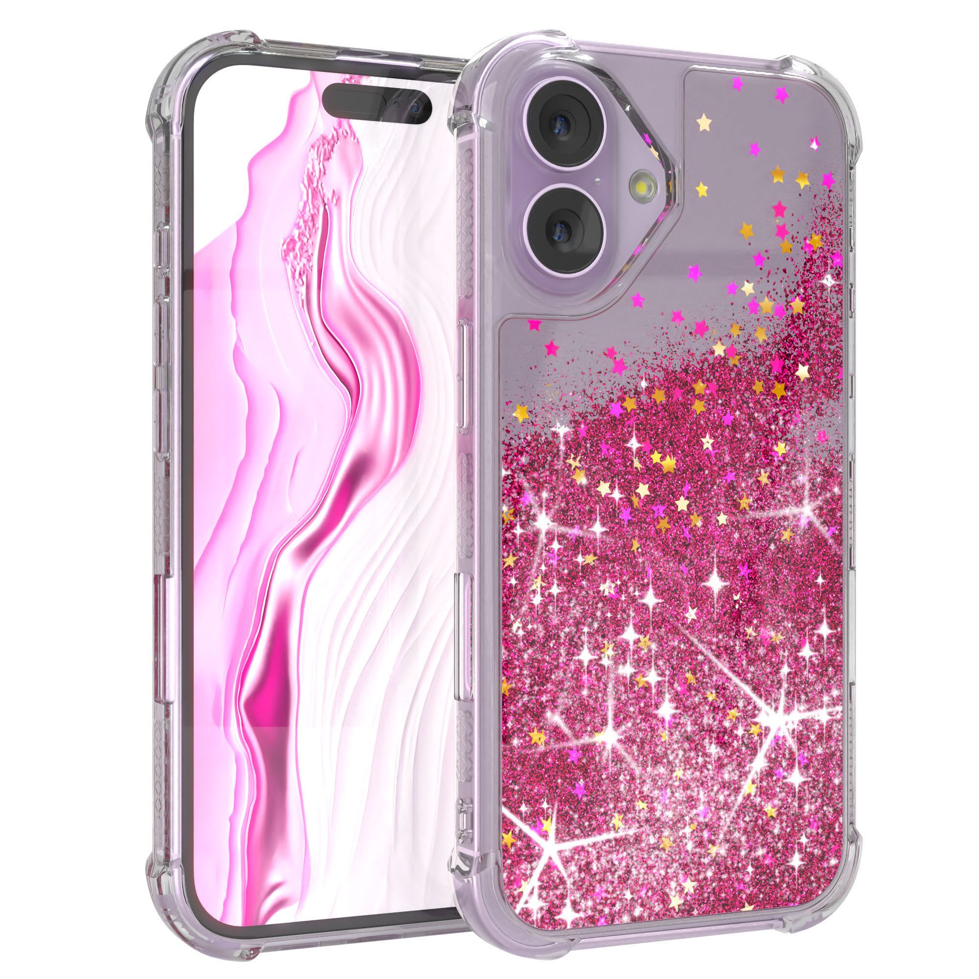 EAZY CASE Handyhülle Liquid Glittery Case für Apple iPhone 17 6,3 Zoll, Glitzerhülle Shiny Slimcover stoßfest Durchsichtig Bumper Case Pink