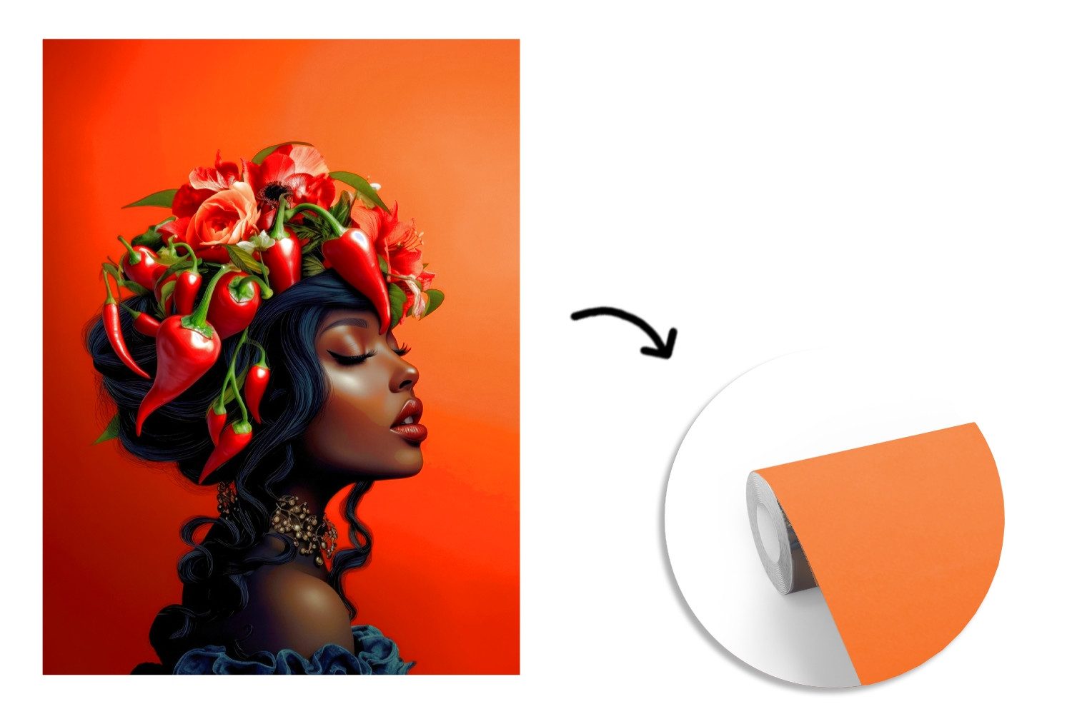 MuchoWow Fototapete Frau - Chilischoten - Blumen, Matt, bedruckt, Wallpaper für Wohnzimmer, Schlafzimmer, Vinyl Tapete, 195x260 cm
