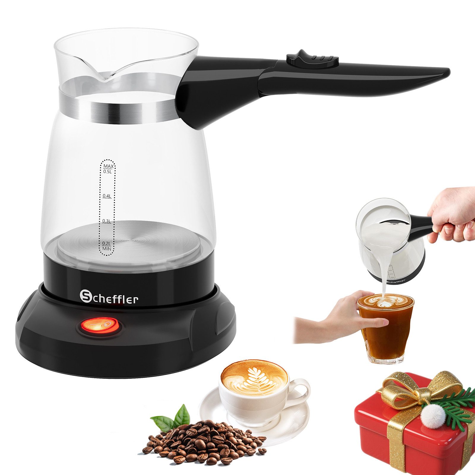 Scheffler Kaffeekanne Glas Kaffeemaschinen Türkische Kaffeekocher French Press, 0.5 l, (1-St., Milchkanne), 304 Edelstahl, Überhitzungsschutz Für Zuhause Büro Reisen