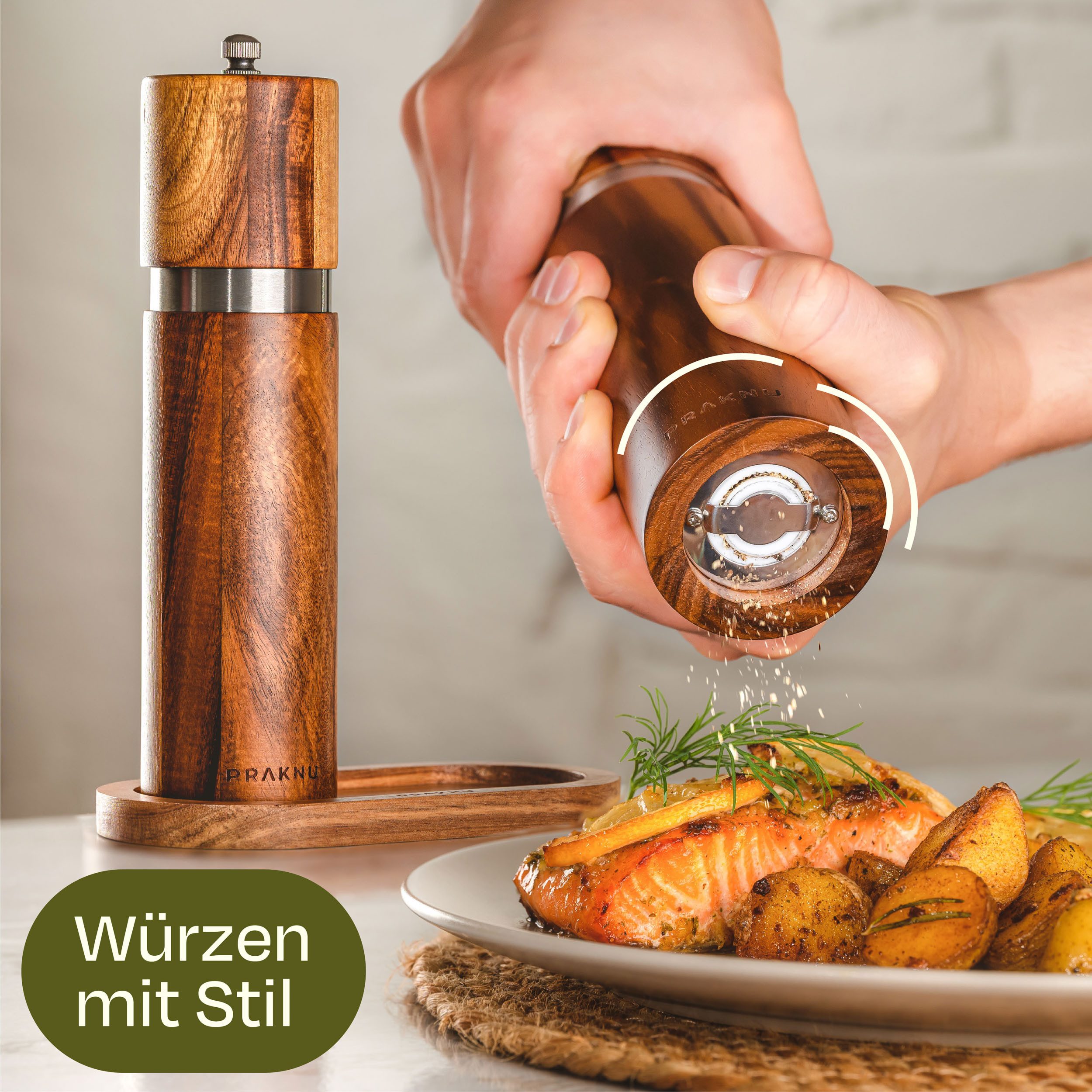Praknu Salz-/Pfeffermühle Salz und Pfeffermühle aus Akazienholz mit Untersetzer - Nachhaltiges manuell, Nachhaltiges FSC Holz - Langlebiges Keramikmahlwerk - Plastikfrei