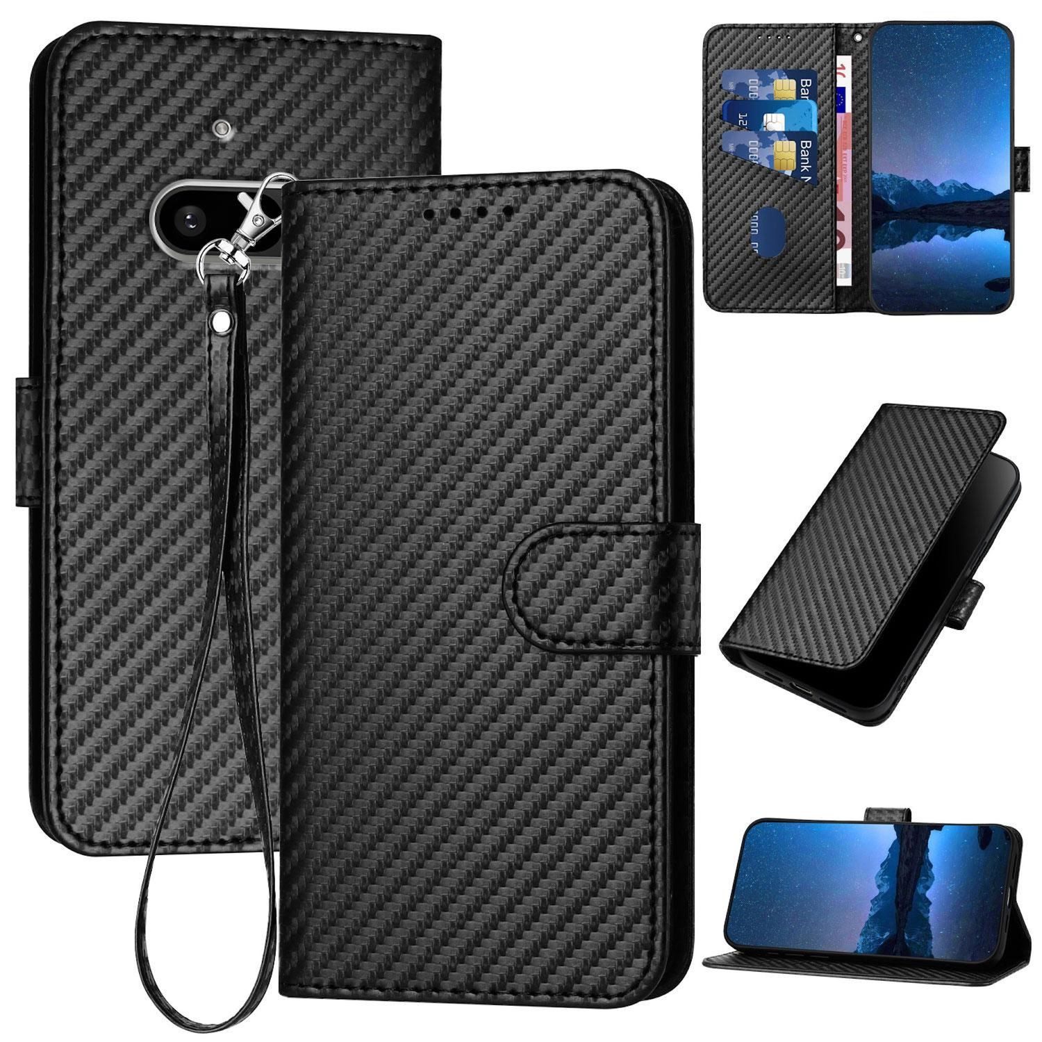Wigento Handyhülle Für Nothing Phone 3a Carbon Fiber Kunstleder Tasche Hülle Case Schwarz, Carbon-Optik Hülle mit Kartenfach und Standfunktion
