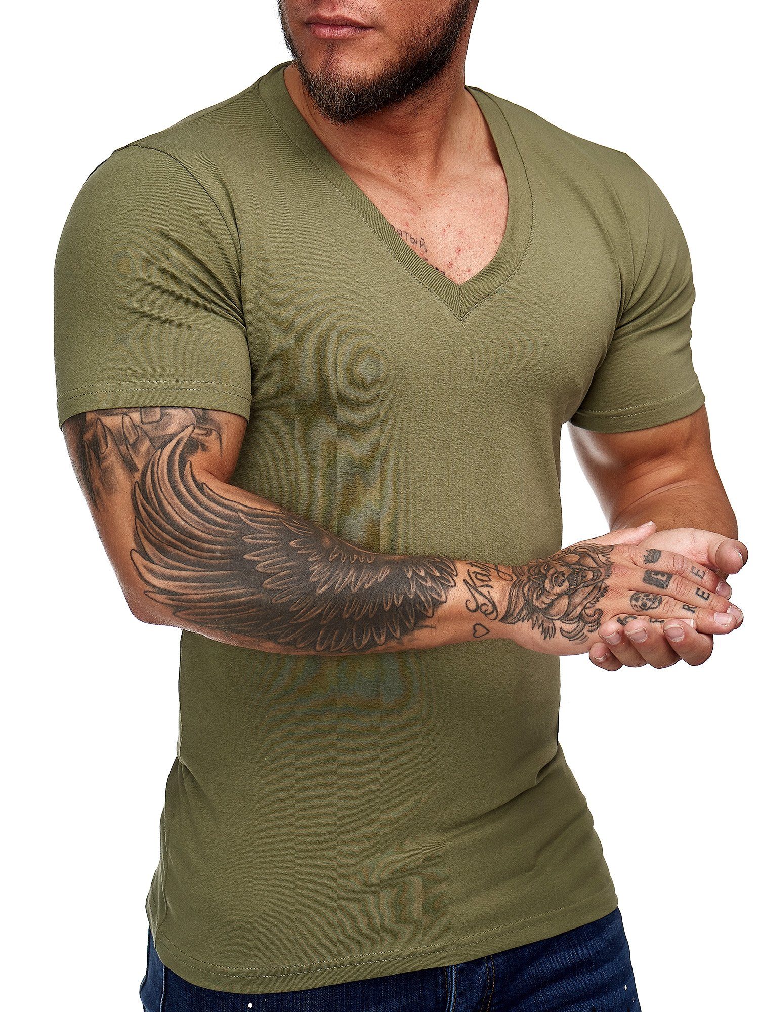 (Shirt 8031ST 1-tlg) Tee, Polo Casual OneRedox T-Shirt Fitness Grün Freizeit Kurzarmshirt