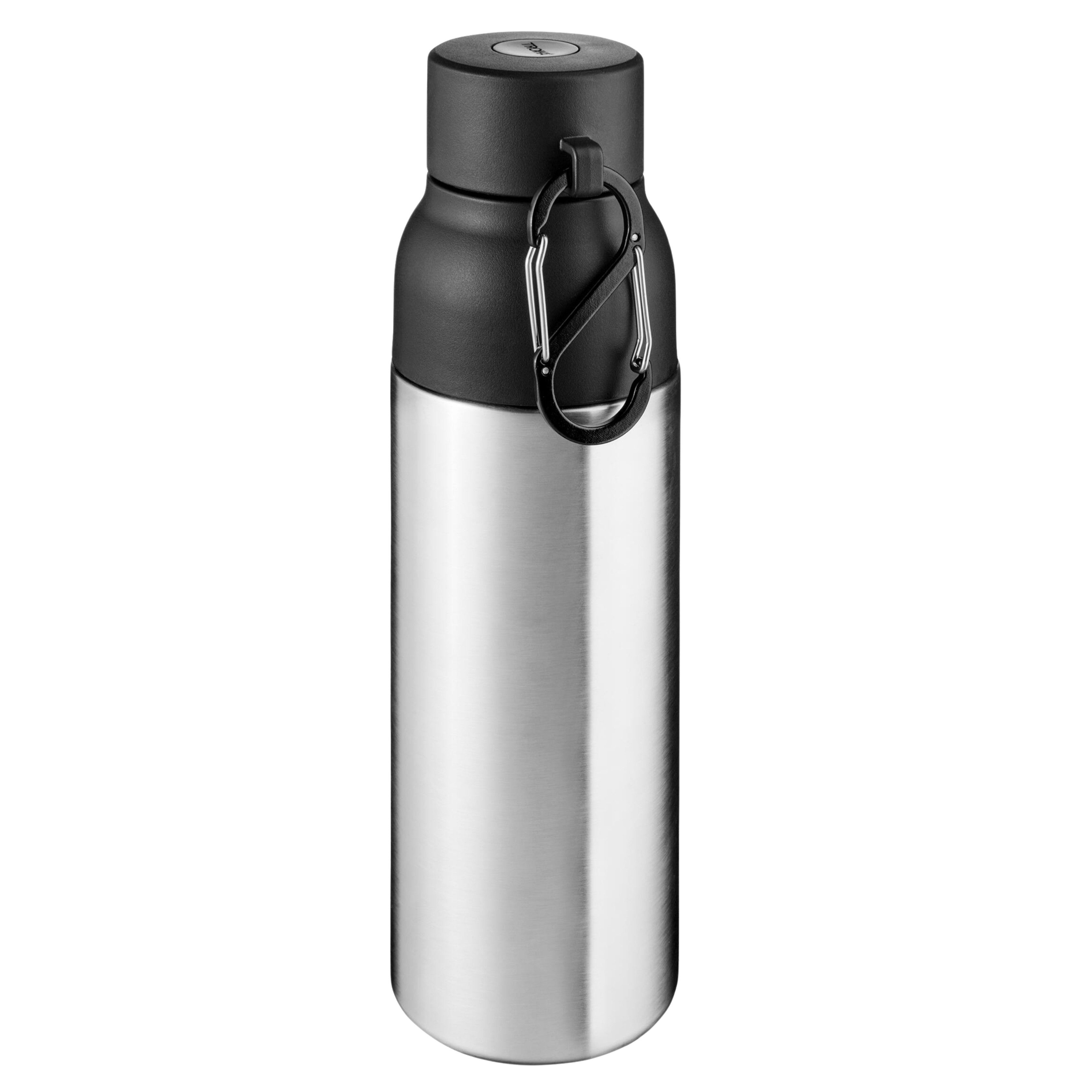 TROIKA Thermoflasche INFUSE+ 500ml, aus Edelstahl mit Vakuum Isolierung, 12h heiß 24h kalt, mit Einhandverschluss, Sieb & Karabiner, auslaufsicher