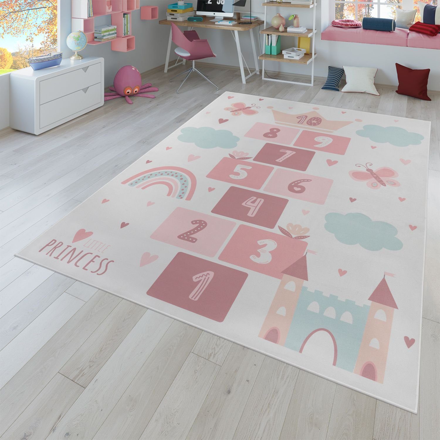 Kinderteppich Rutschfester Teppich Kinderzimmer Spielteppich Mädchen Jungen, TT Home, rechteckig, Höhe: 9 mm Rosa Creme