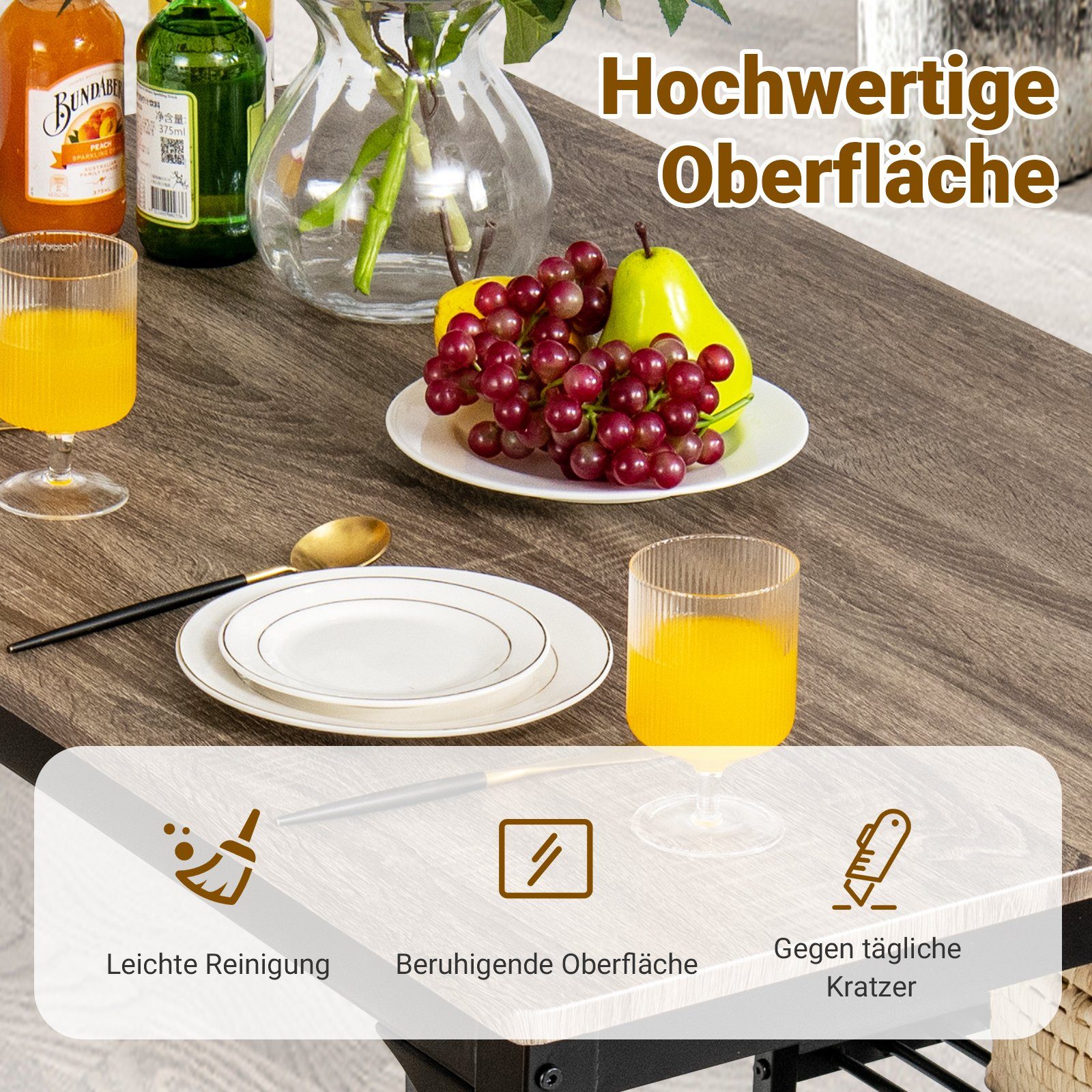 COSTWAY Esstisch, 4-tlg. mit 2 Stühlen, 1 Bank & Aufbewahrungsregal, Grau