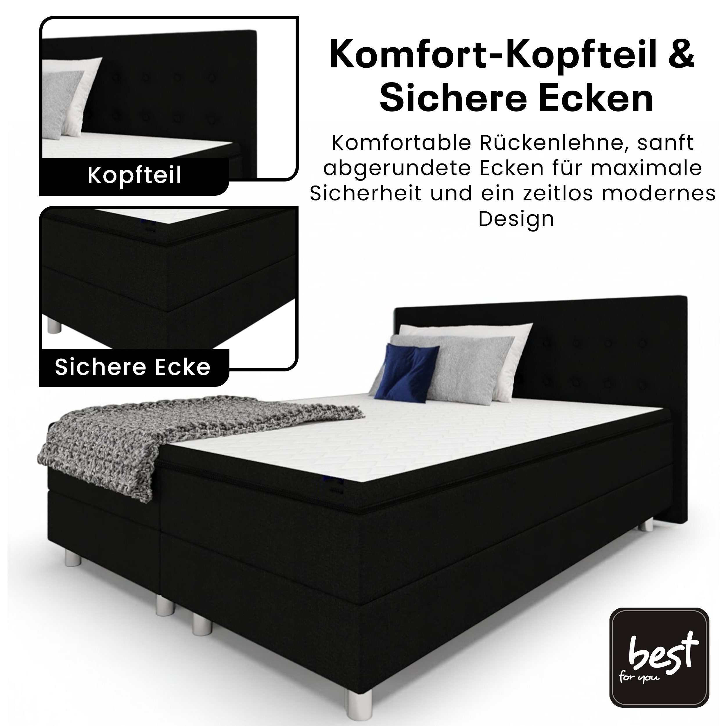 Best for Home Boxspringbett Best for Home Boxspringbett – Komfortable Bonnell-Matratze & Topper (90x200 120x200 140x200 160x200 180x200 200x200), Handwerksqualität,TOP Preis-Leistungs-Verhältnis