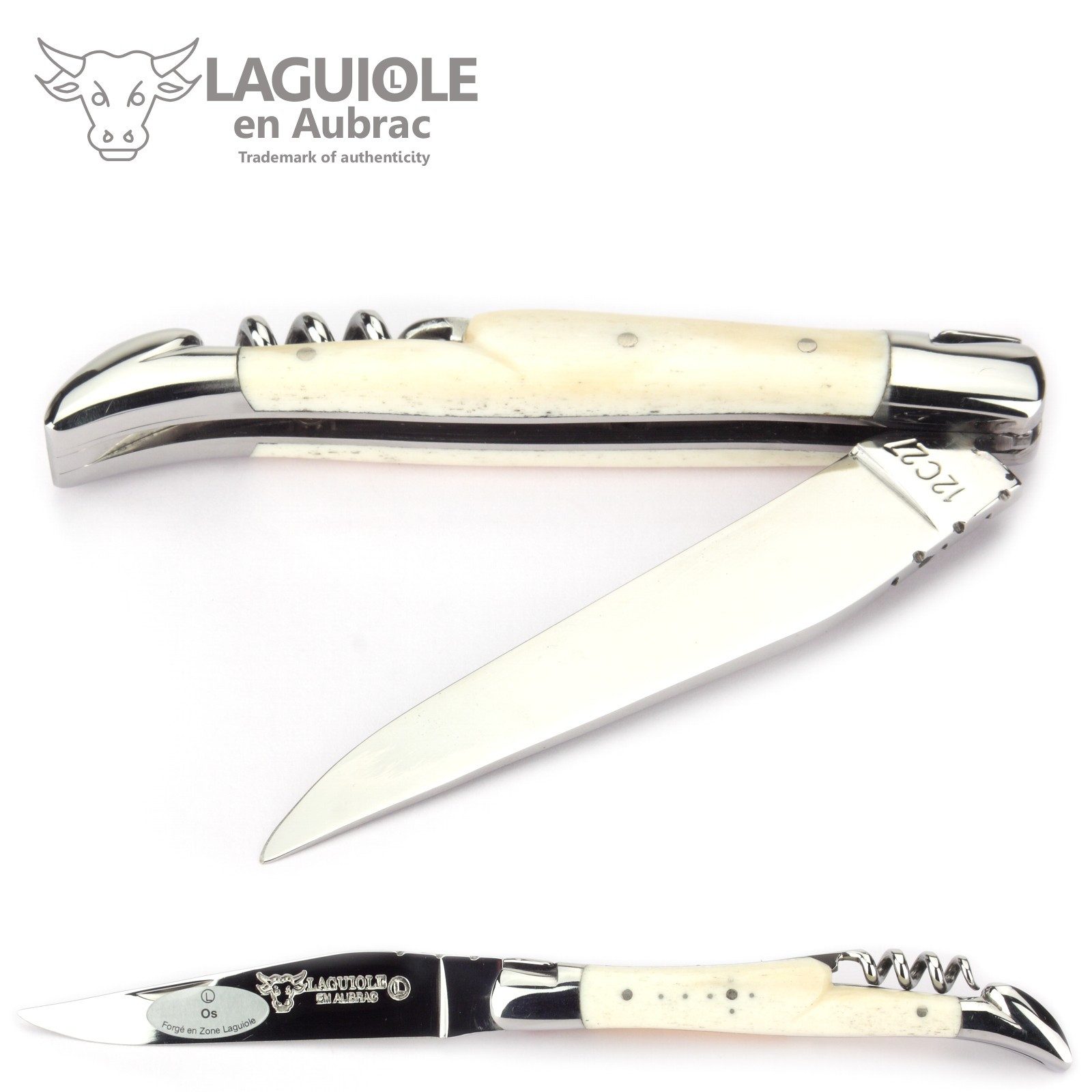 Laguiole en Aubrac Taschenmesser L0311OSISI, Griff 11cm Knochen - Feder verziert - Korkenzieher - Stahl glänzend