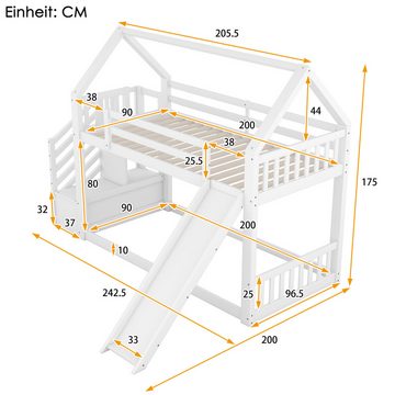 IDEASY Jugendbett Kinderbett Etagenbett, Hausprofil, weiß/grau, 90x200 cm, Kiefer + MDF, mit Rutsche, zwei Stufen, passend für alle Einrichtungsstile