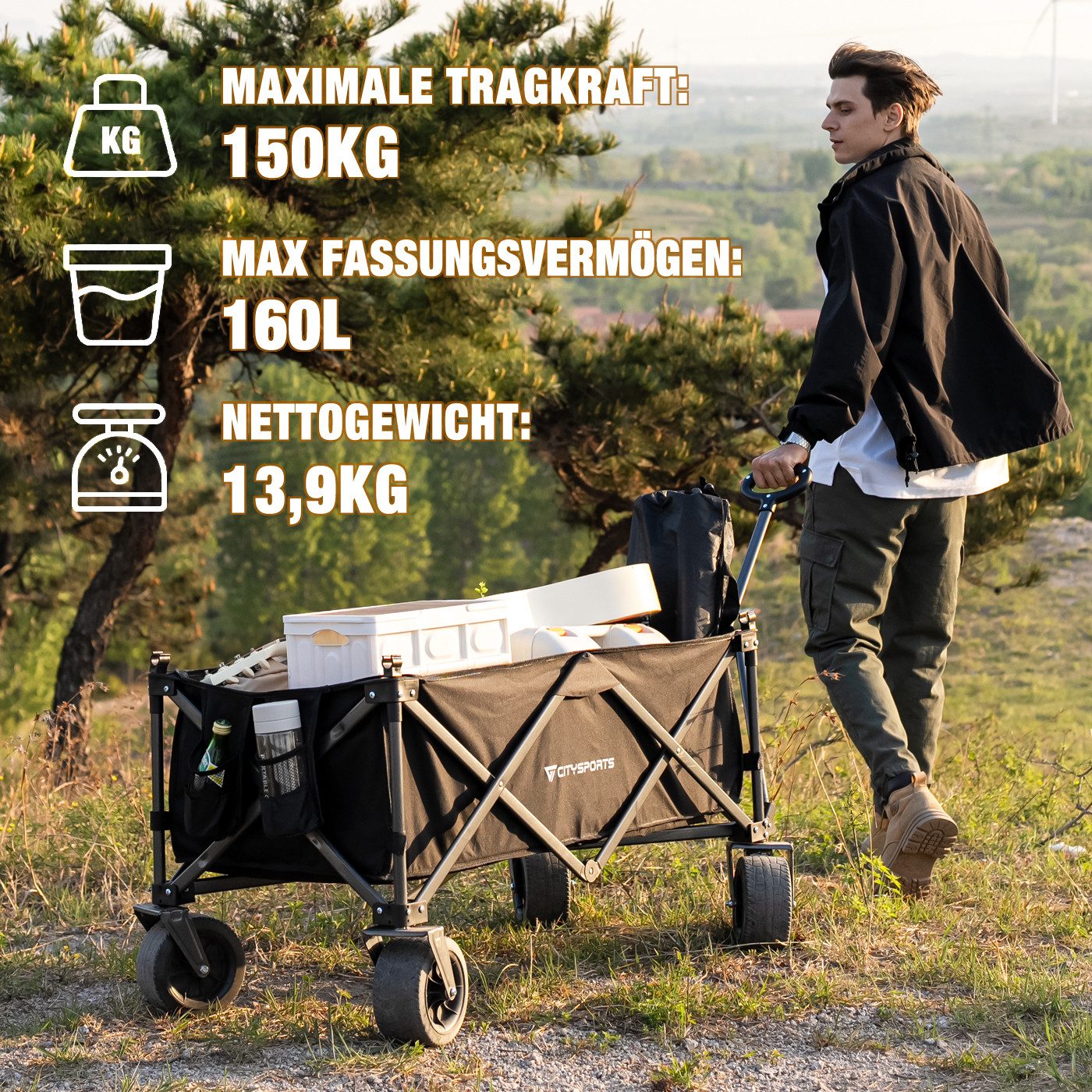 CITYSPORTS Bollerwagen Klappbarer All Terrain 100/150kg faltbar Handwagen für Camping, Strandkarren mit großer Kapazität, für Sport, Einkauf, Camping