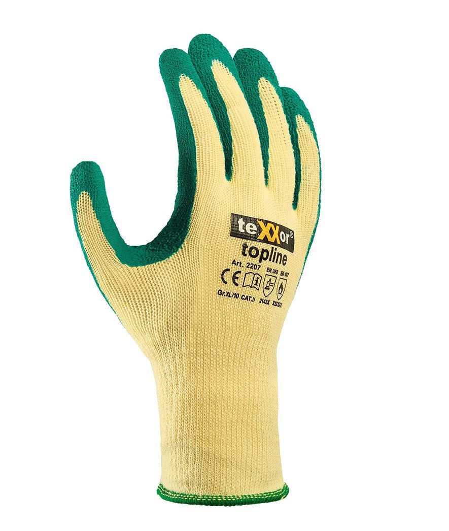 teXXor Strickhandschuhe Grobstrick Pflasterhandschuh Polyester gelb/grün 2207 (packung, 12-St., VPE= 12-144 Paar, Gr 7-10) Latex/Strickgewebe