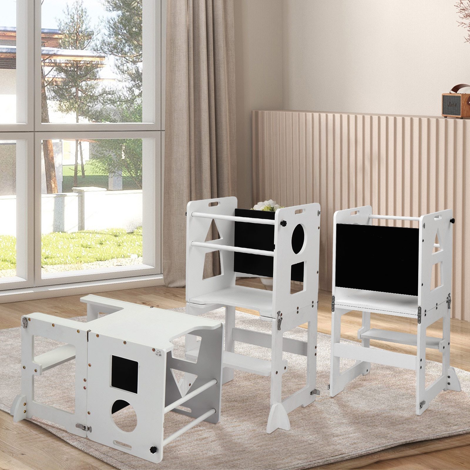 LALAHO Stehhilfe 3-in-1 Stehhilfe Lernturm klappbar, verwandelbar in Schreibtisch&Stuhl, klappbar, mit Maltafel, geometrisches Muster, Kiefernholz + MDF