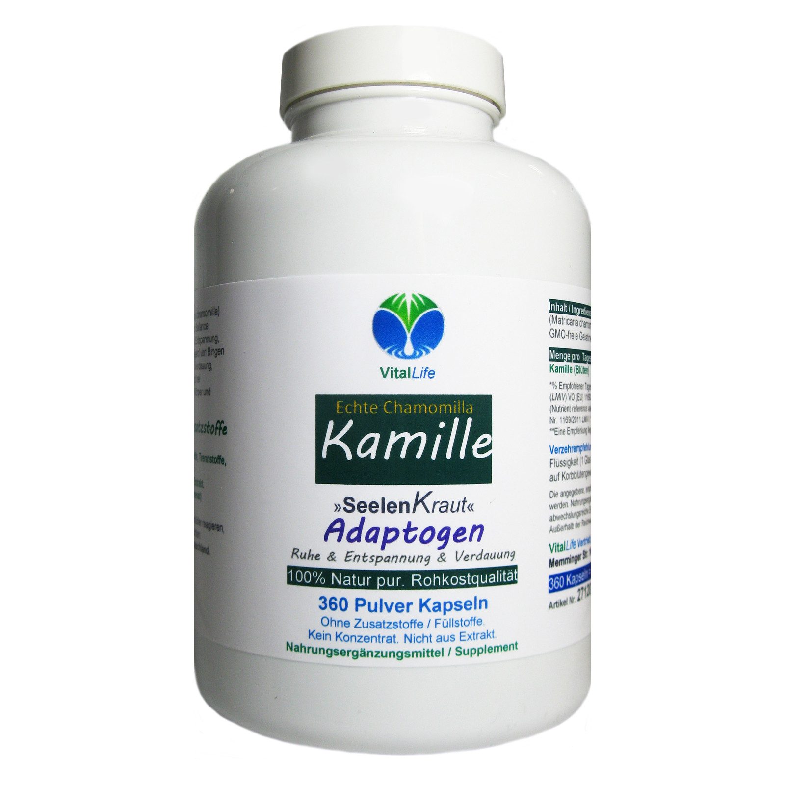 VitalLife Echte Kamille Kamillenblüten kein Extrakt ohne Zusatzstoffe Kapseln, 1 er Dose à 360 St., 129,6 g, Art. 27120-360