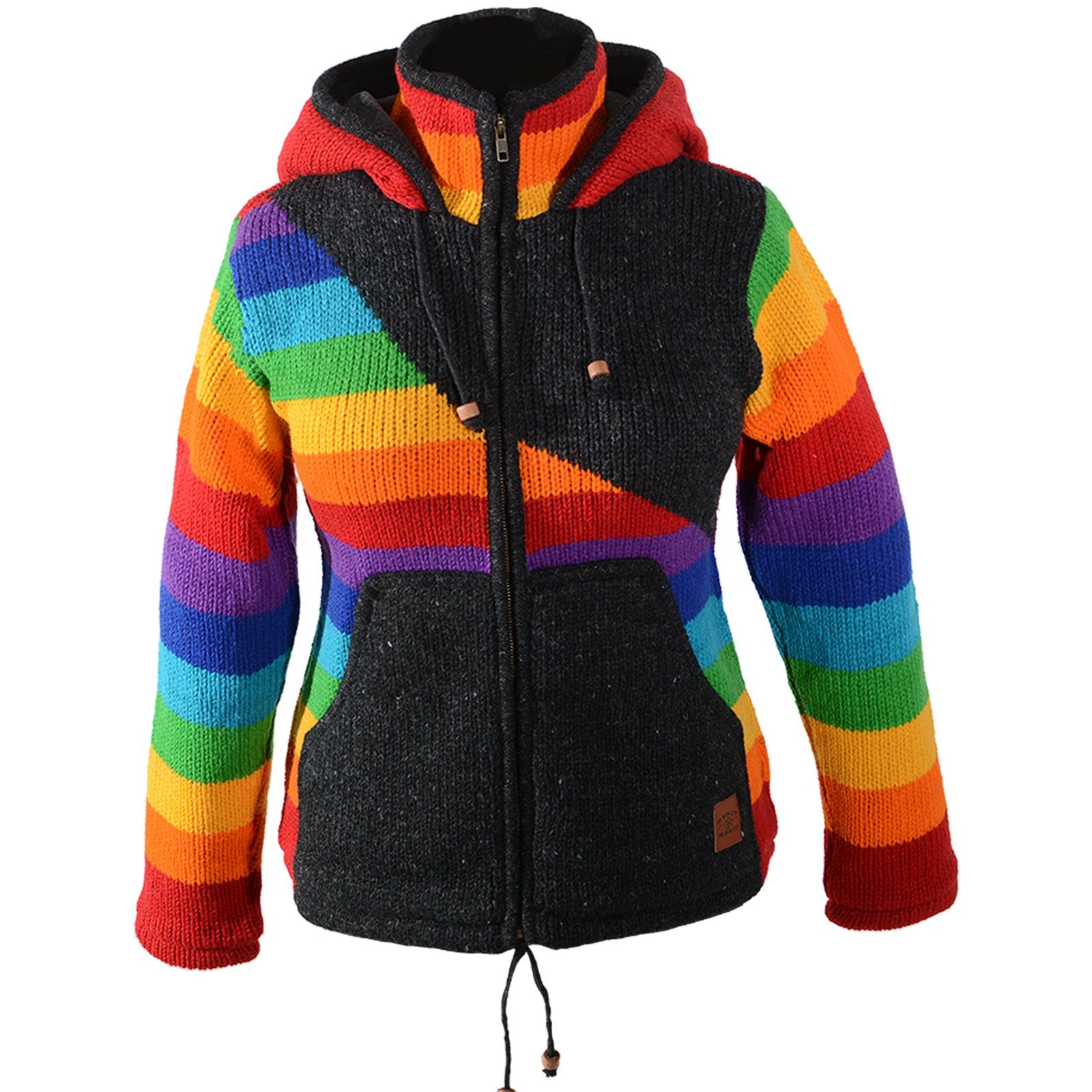 KUNST UND MAGIE Kapuzenstrickjacke Damen Goa Strickjacke Wolle Fleecefutter ab. Zipfelkapuze Regenbogen