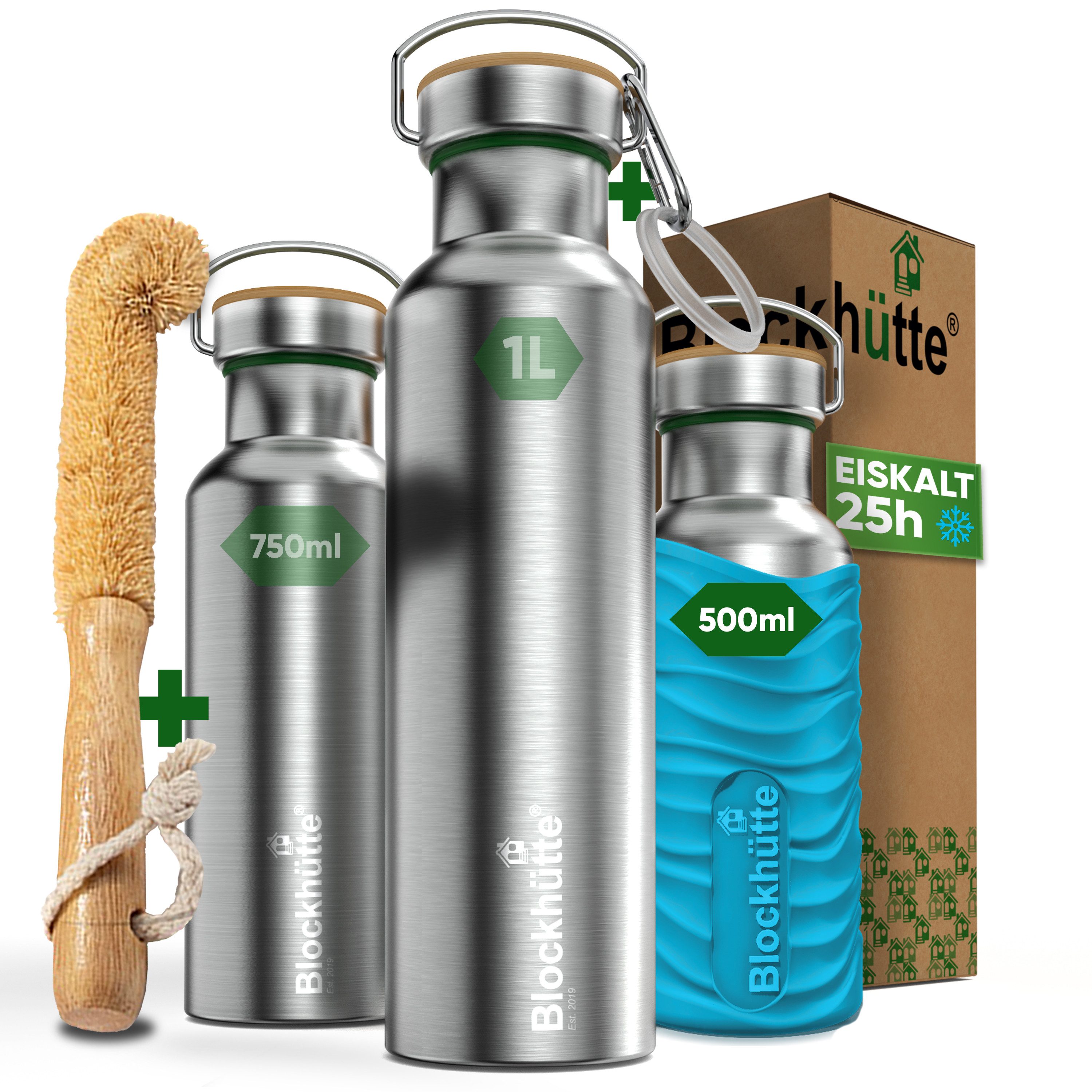 Blockhütte Isolierflasche mit Bambusdeckel - Trinkflasche auslaufsicher - Trinkflasche Edelstahl, 13 Stunden heiß, 25 Stunden kalt