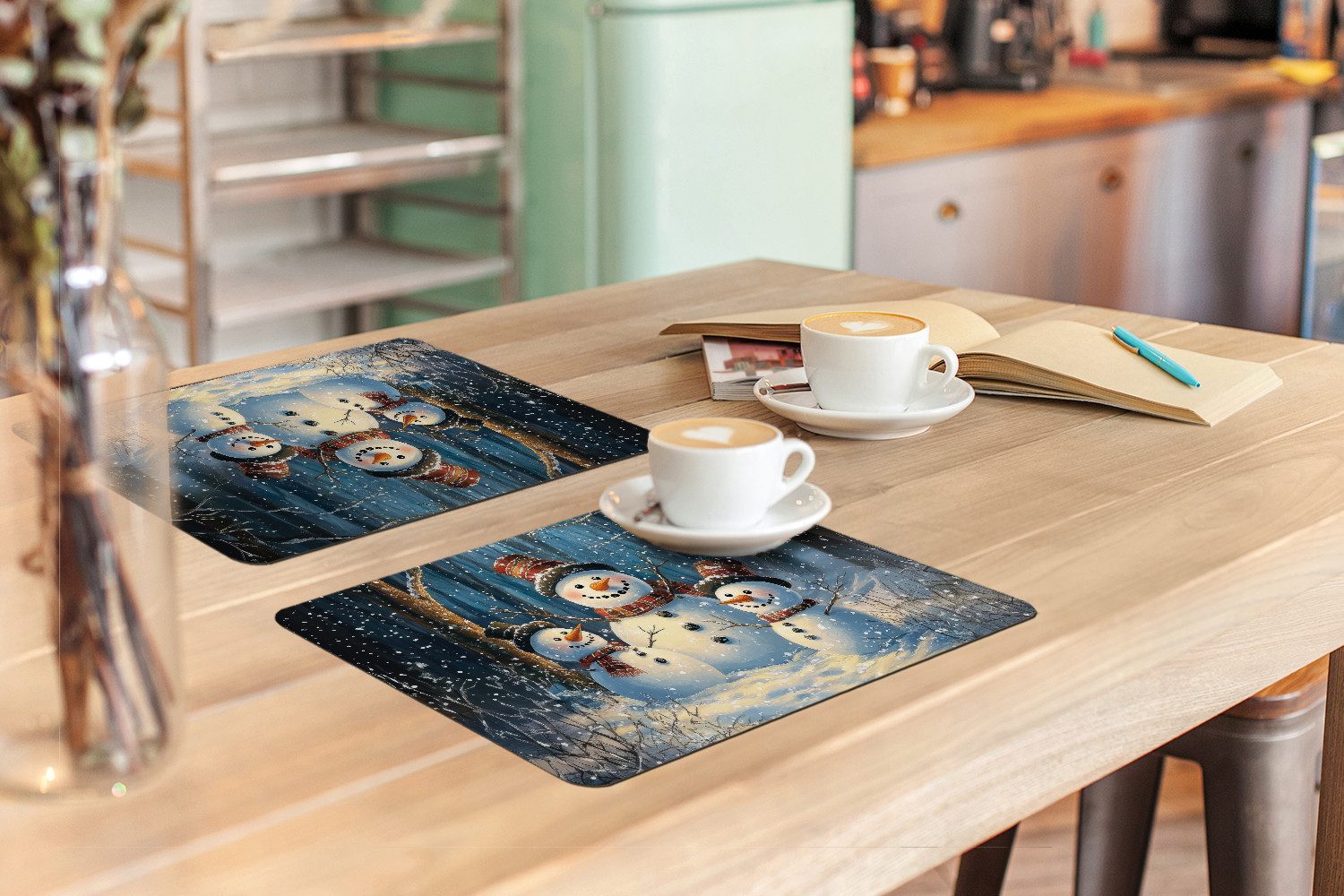 MuchoWow Platzset Schneemann - Schnee - Winter - Wald, (6-St), Platzsets, Tischset, Abwaschbar, Tischsets, Platzdeckchen