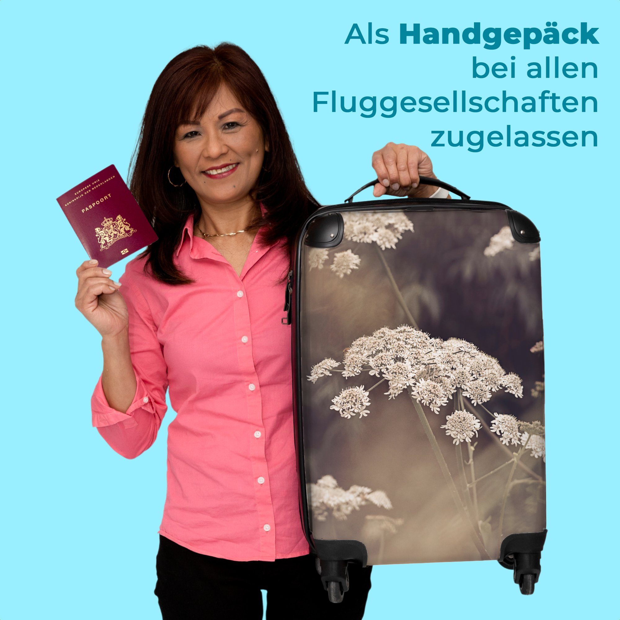 NoBoringSuitcases.com© Handgepäckkoffer Trolley Handgepäck Rollen, Rollkoffer 4 Rollen Kleine Weiß Natur - Cabin Pflanze 55x35x20cm 4 Reisekoffer Blumen, - mit - 