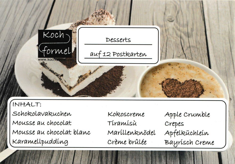 Rezept-n" "Desserts Komplett-Set 12 auf Postkarte