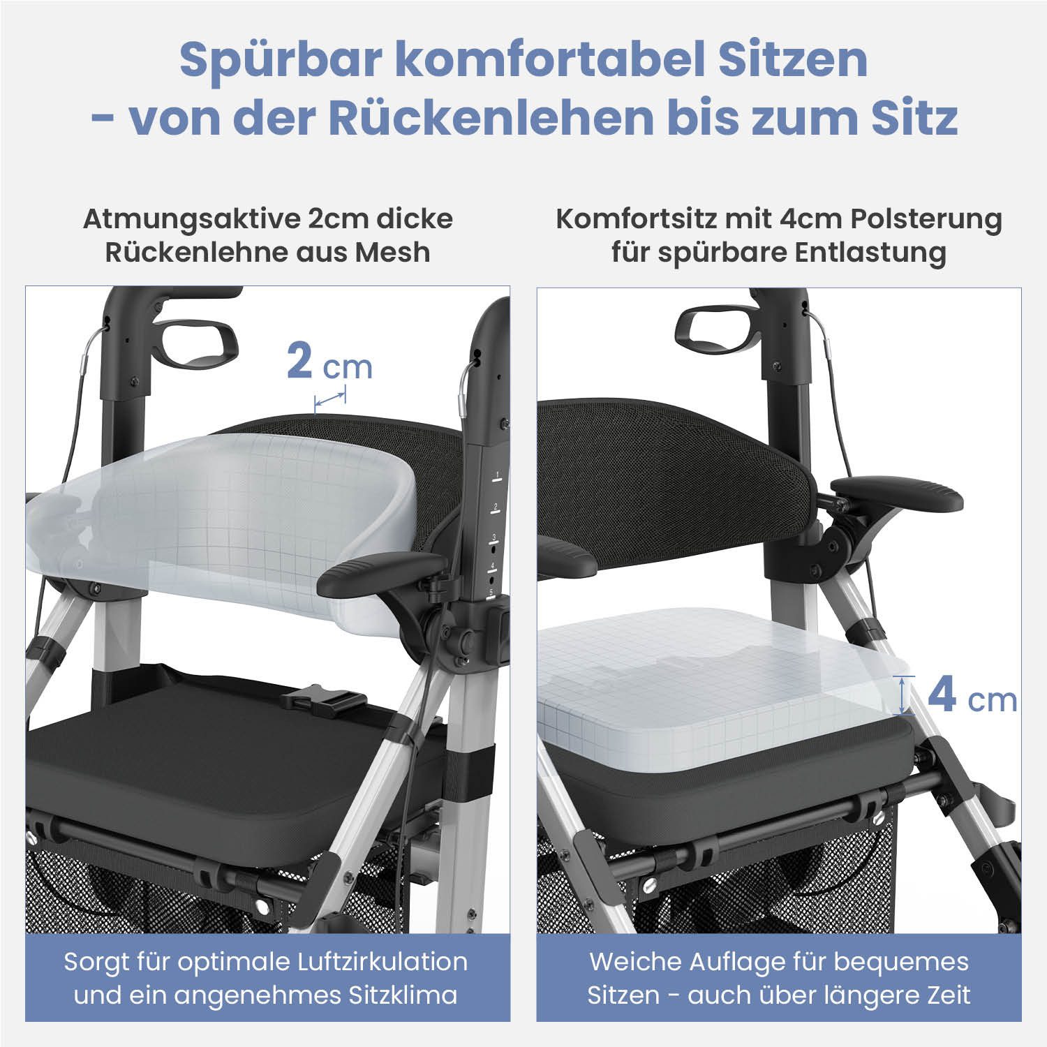 ELONEO Rollator 2in1 Rollator & Rollstuhl, Faltbar und Leicht, Outdoor-Gummireifen, mit Stiz & Netztasche