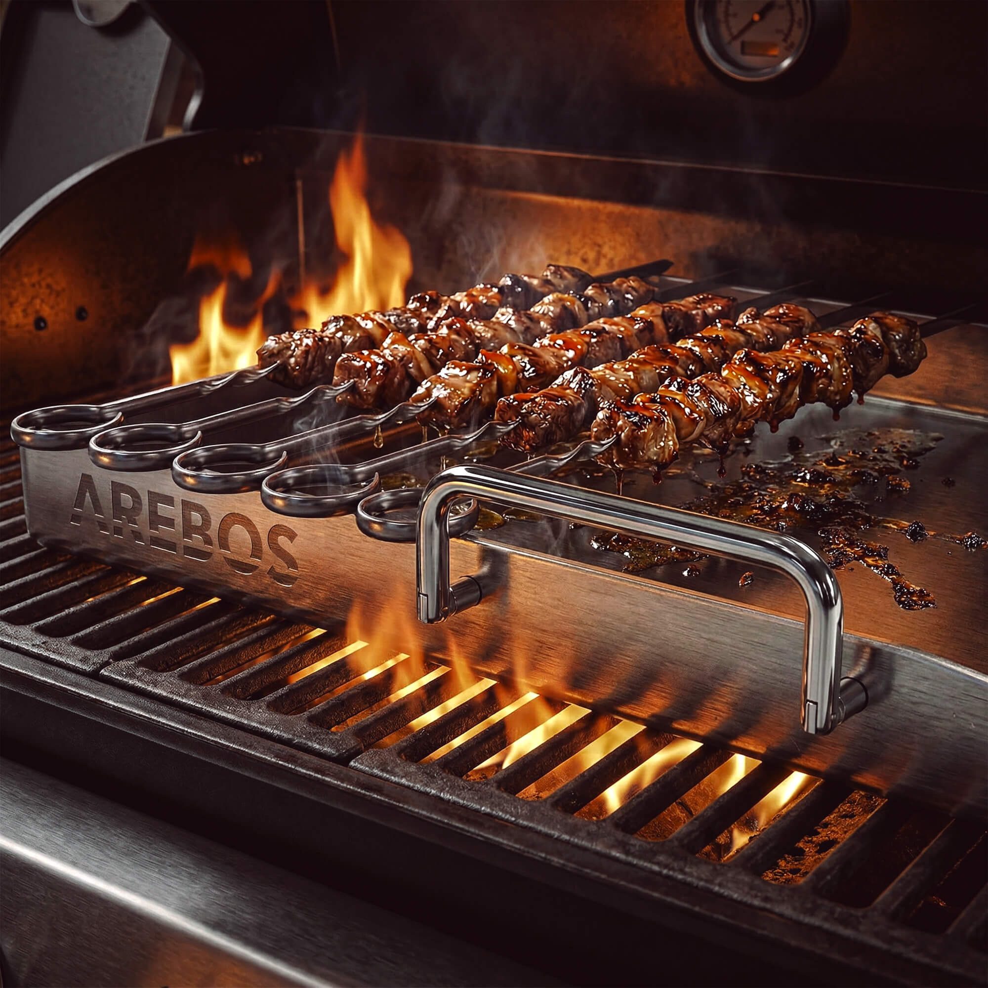 Arebos Grillplatte Edelstahle Grillplatte 40x30 cm Plancha für Gas & BBQ (Set), Fettablauf, versiegelte Kanten, inkl. Zubehör, vielseitig einsetzbar