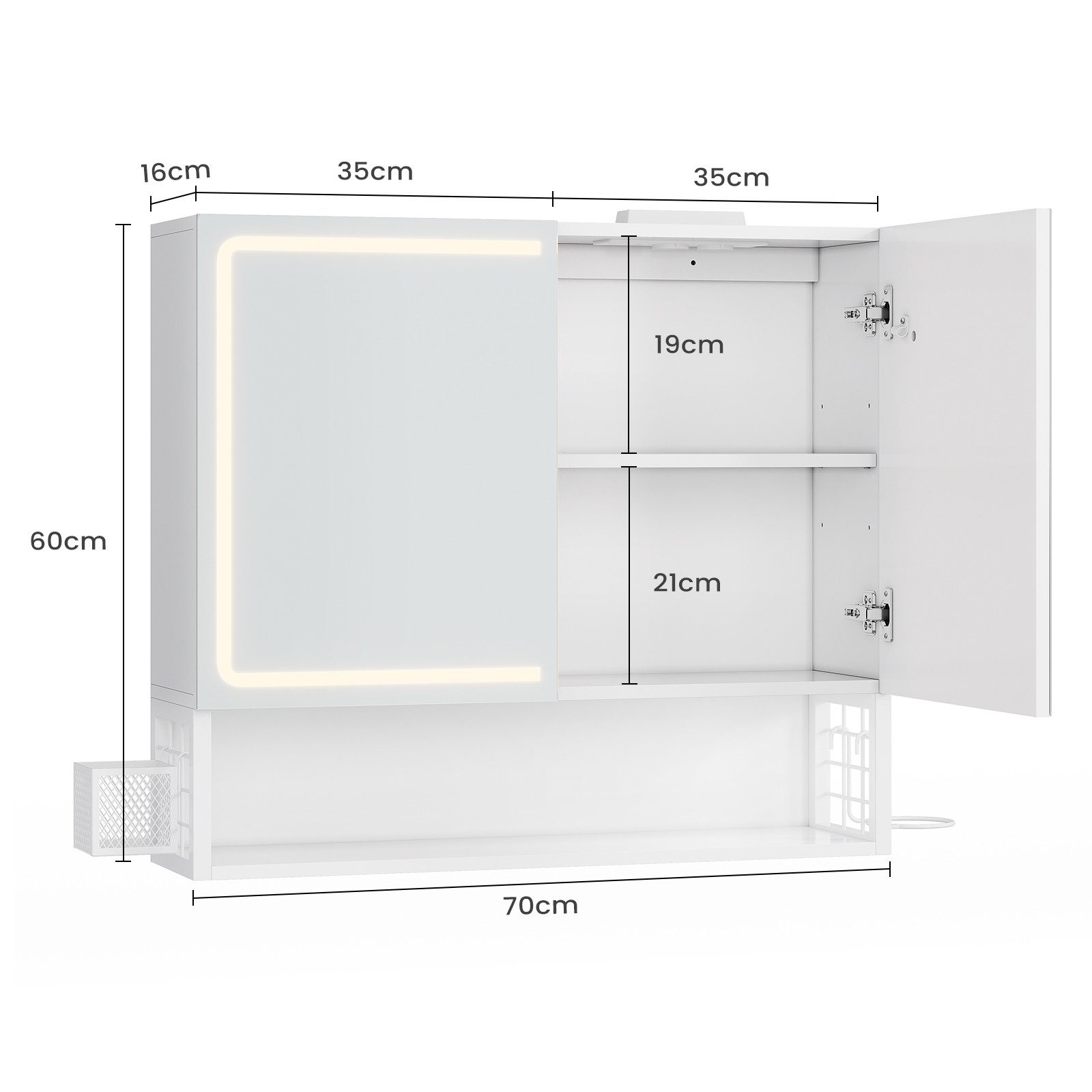 MSMASK Badezimmerspiegelschrank mit LED-Beleuchtung & Steckdose, Wandmontiert mit Stauraum (1-St) Spiegelschrank 70x16x60cm