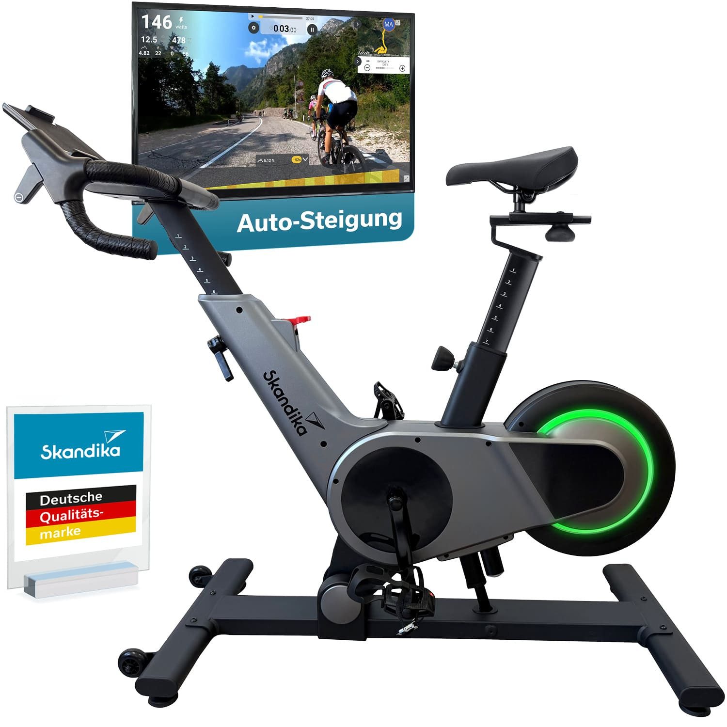 Skandika Speedbike Bike Indoor Kliva 500-S, Steigung in 16 Stufen, 3 Programme (Bluetooth Kinomap App kompatibel, bis 150 kg), Heimtrainer Fahrrad SMART mit LED, Magnetbremse mit 32 Stufen