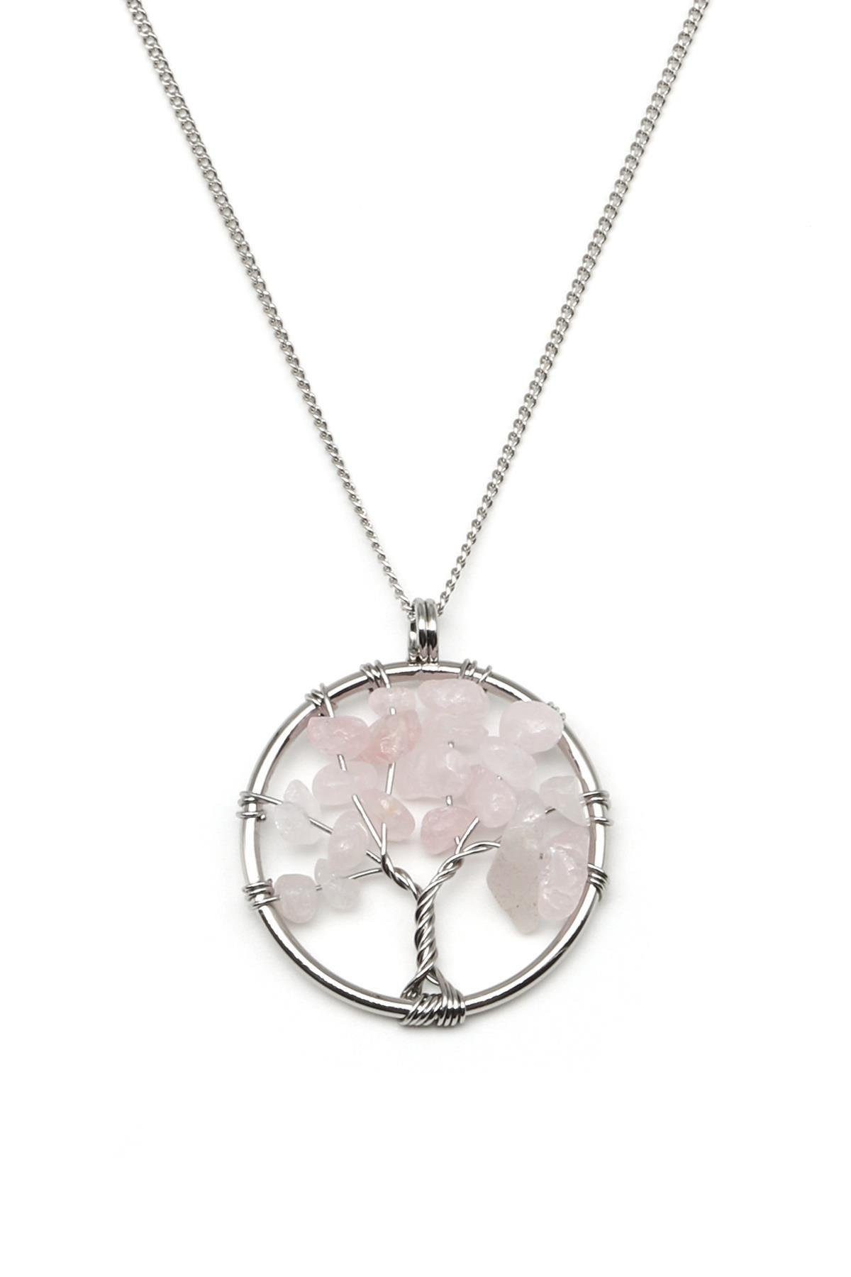 Nisan Edelstein, Rosenquarz Lebensbaum Anhänger – Naturstein Schmuck für Liebe