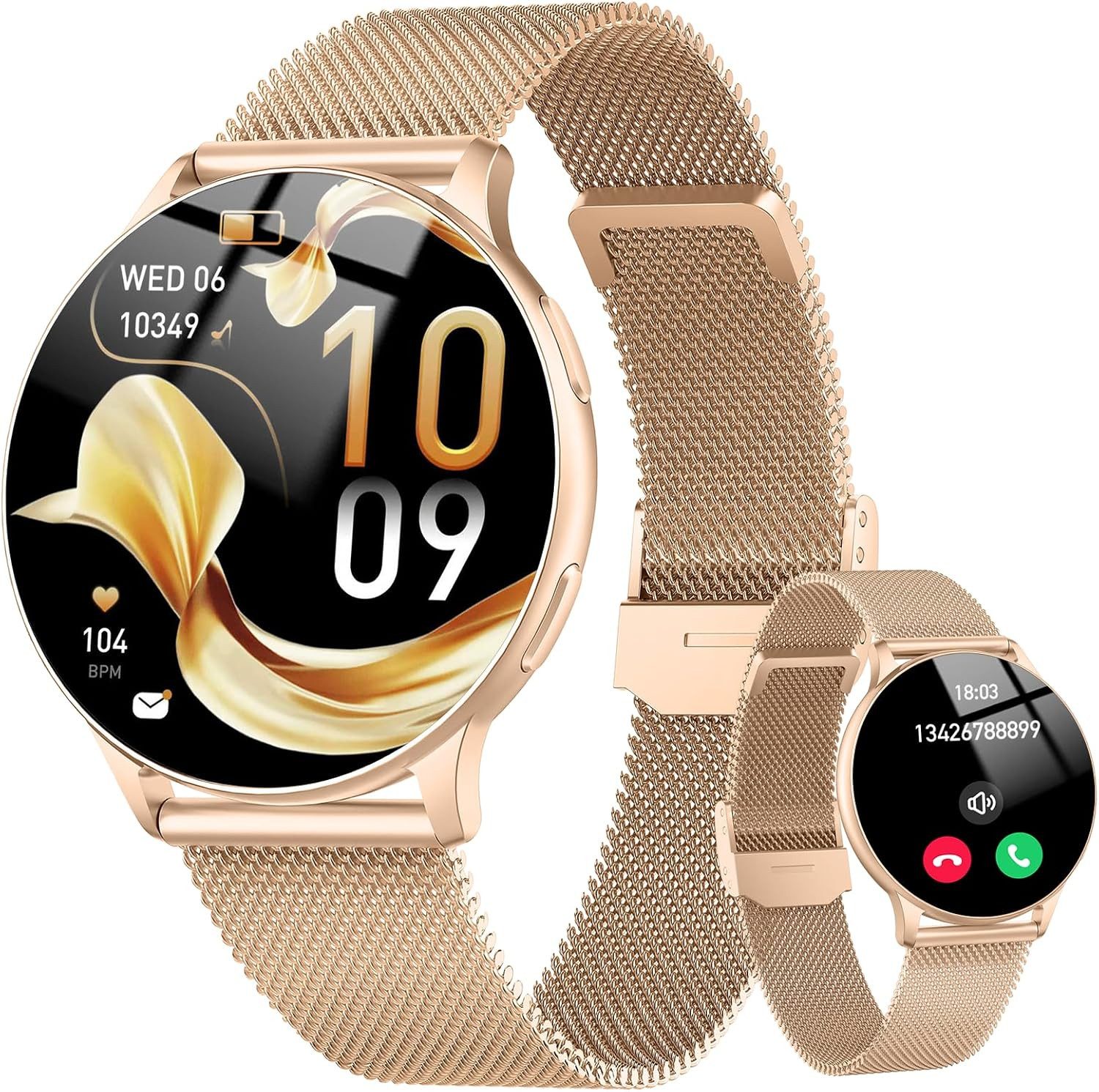 Zevelora 7 mm ultradünne Damen-Smartwatch 1,32 Zoll AMOLED mit Telefonfunktion Smartwatch (3,35 cm), 7 mm ultradünn, 1,32-Zoll-AMOLED, Bluetooth-Anrufe, Milanaise-Armband