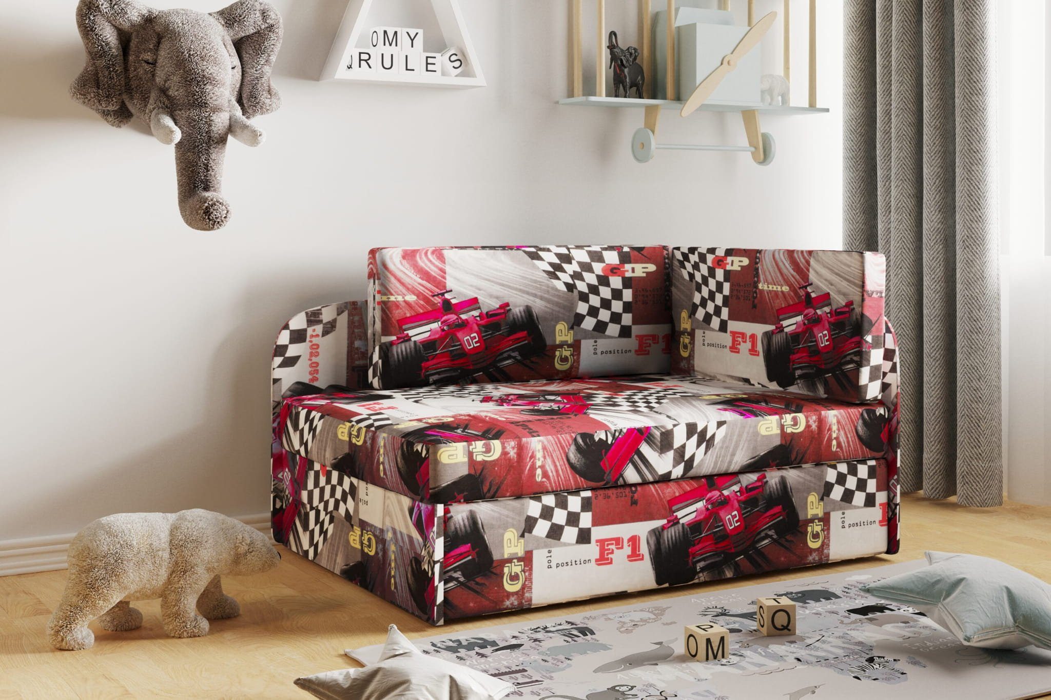 Friderik-EU Sofa BAFI Couch fürs Kinderzimmer mit Schlaffunktion und Bettkasten Formel 1