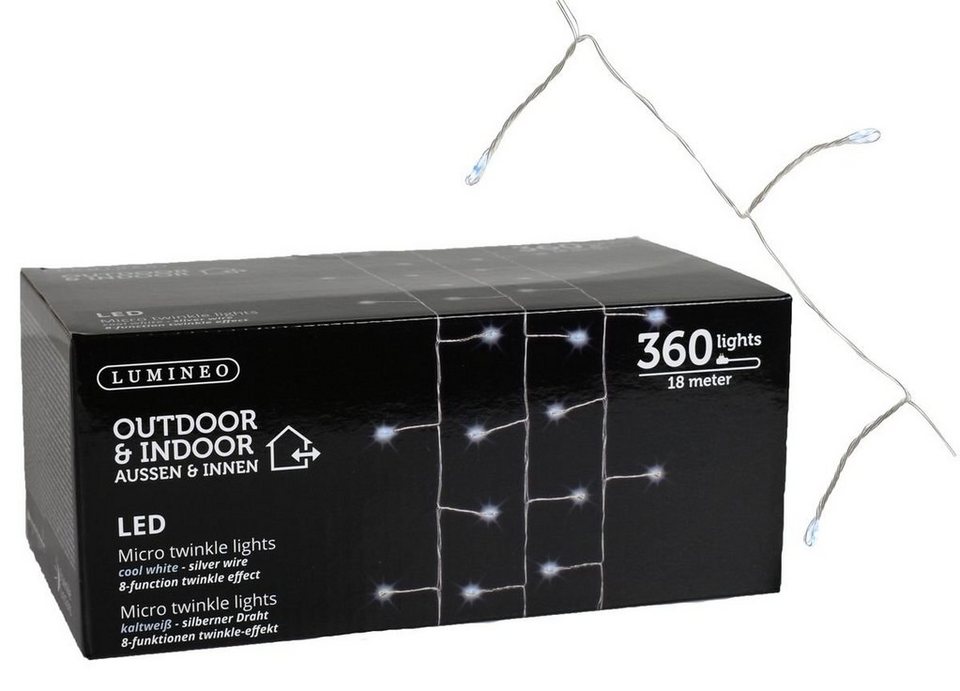 Lumineo LED-Lichterkette Micro LED Lichterkette 360 LEDs Kaltweiß 18m 8  Funktionen Innen Außen, mit Steuerung am Netzteil, für die 8 verschiedenen  Lichtfunktionen