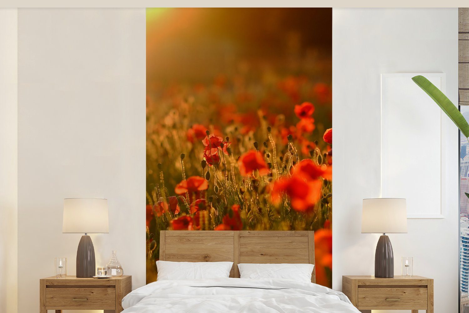 St), MuchoWow auf Mohnblumen (2 Schlafzimmer Matt, Wohnzimmer Feld, den Vliestapete Leuchten für Fototapete Küche, Fototapete dem bedruckt, Orangefarbenes über