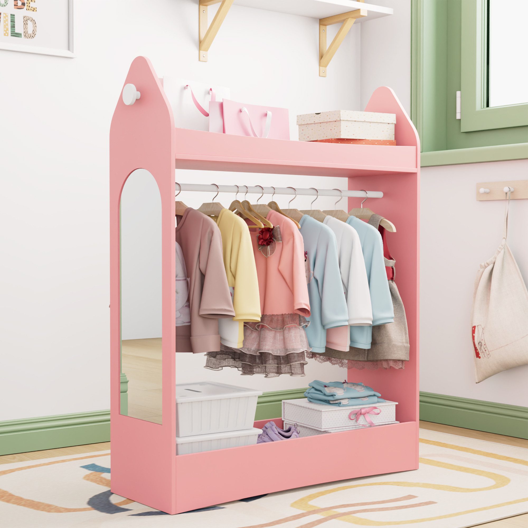 radelldar Kinderkleiderschrank mit Kleiderstange 1 -St. mit Spiegel & 2 Haken, Holz (1-St) Mit Spiegel, Mit Kleiderstange